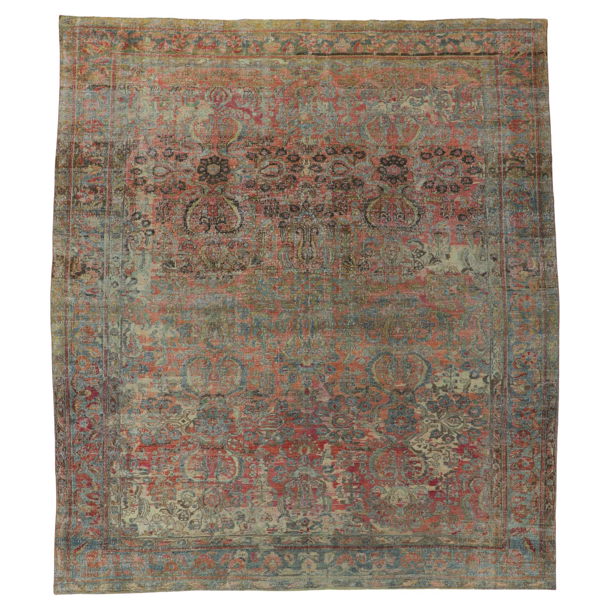 Distressed Antique Persian Mahal Rug For Sale