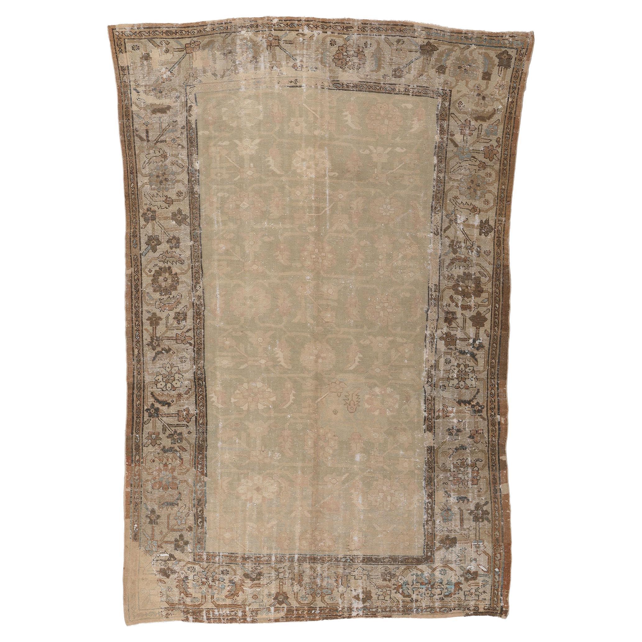 Antique-Worn Persian Mahal Rug, Weathered Charm Meets Rustic Sensibility For Sale