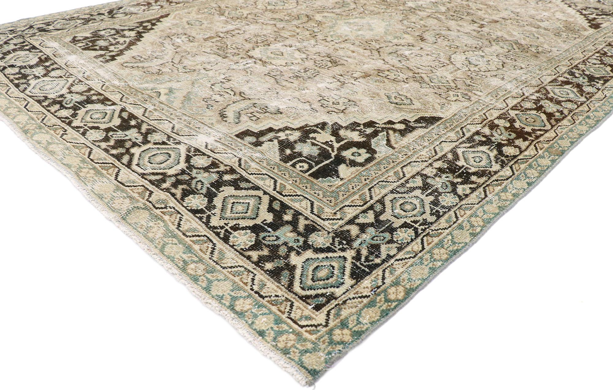 60855 Distressed Antique Persian Mahal rug with Modern Rustic Industrial style. With its timeless design and modern industrial style with rustic sensibility, this hand knotted wool distressed antique Persian Mahal rug will take on a curated lived-in