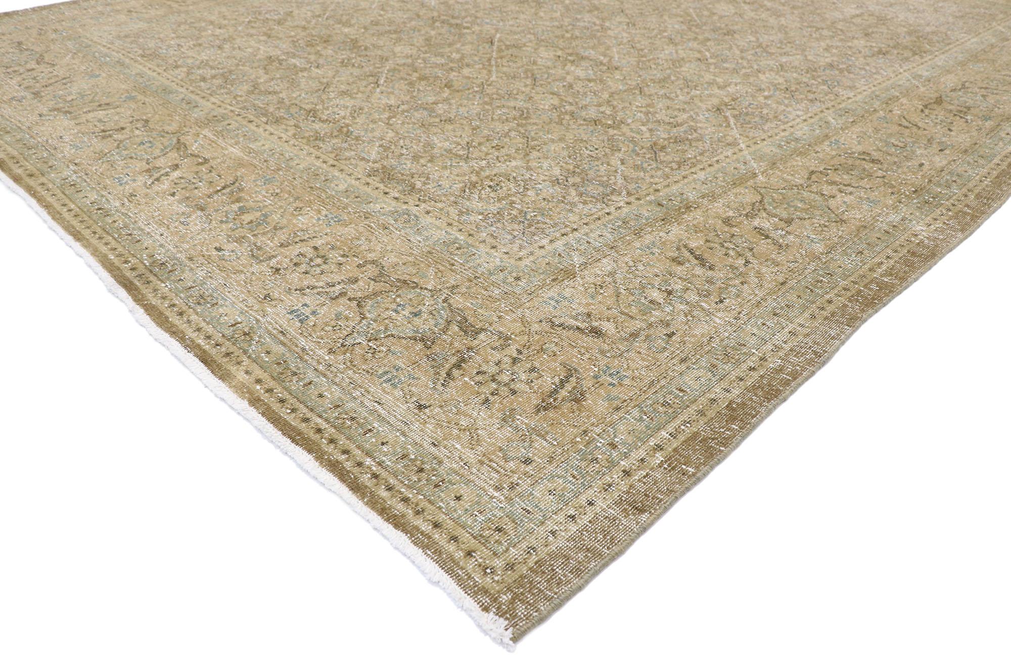 60827 Distressed antique Persian Mahal rug with Modern Rustic Shaker style. Warm and inviting with a timeless design, this hand-knotted wool distressed antique Persian Mahal rug features an all-over Herati pattern. The Classic Herati design, also
