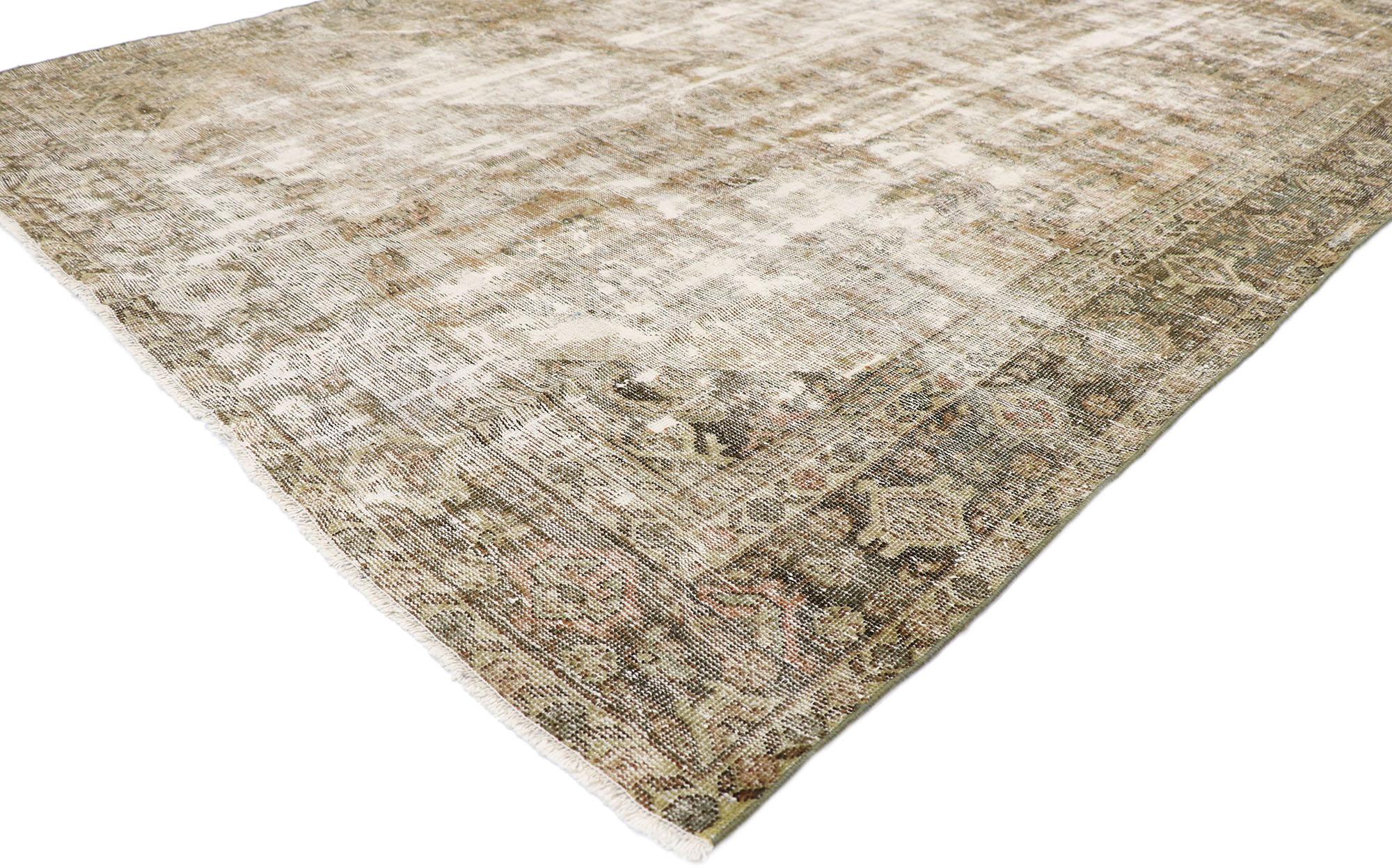 60845 Distressed Antique Persian Mahal rug with Modern Rustic style. Warm and inviting with rustic sensibility, this hand-knotted wool distressed antique Persian Mahal rug features an all-over geometric botanical pattern. It is enclosed with a