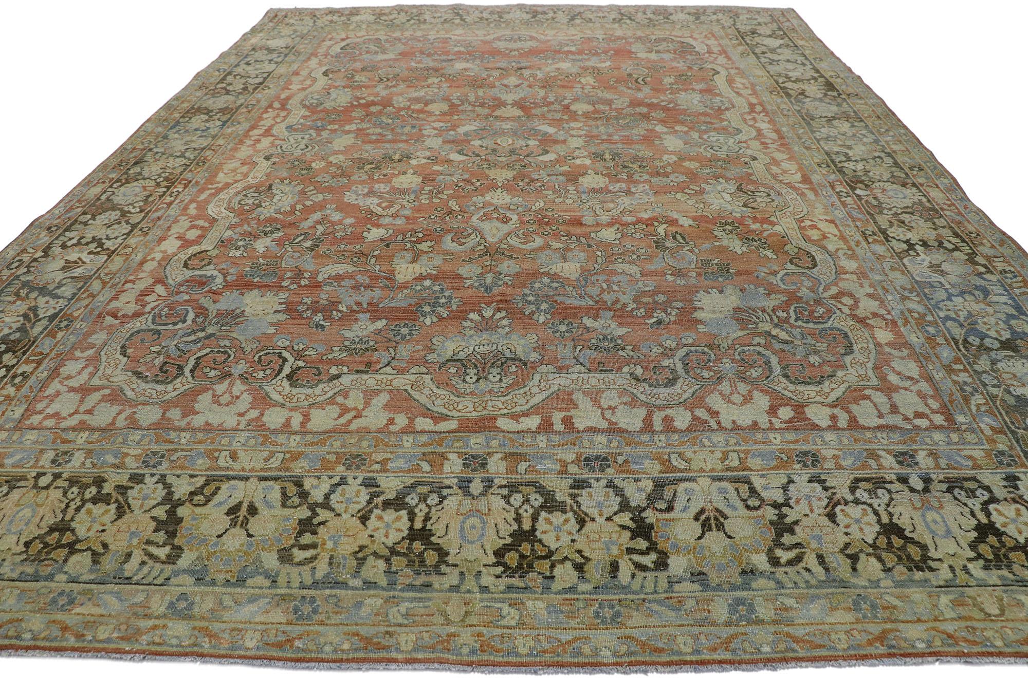 Sarouk Farahan Distressed Antique Persian Mahal Rug with Modern Rustic Style