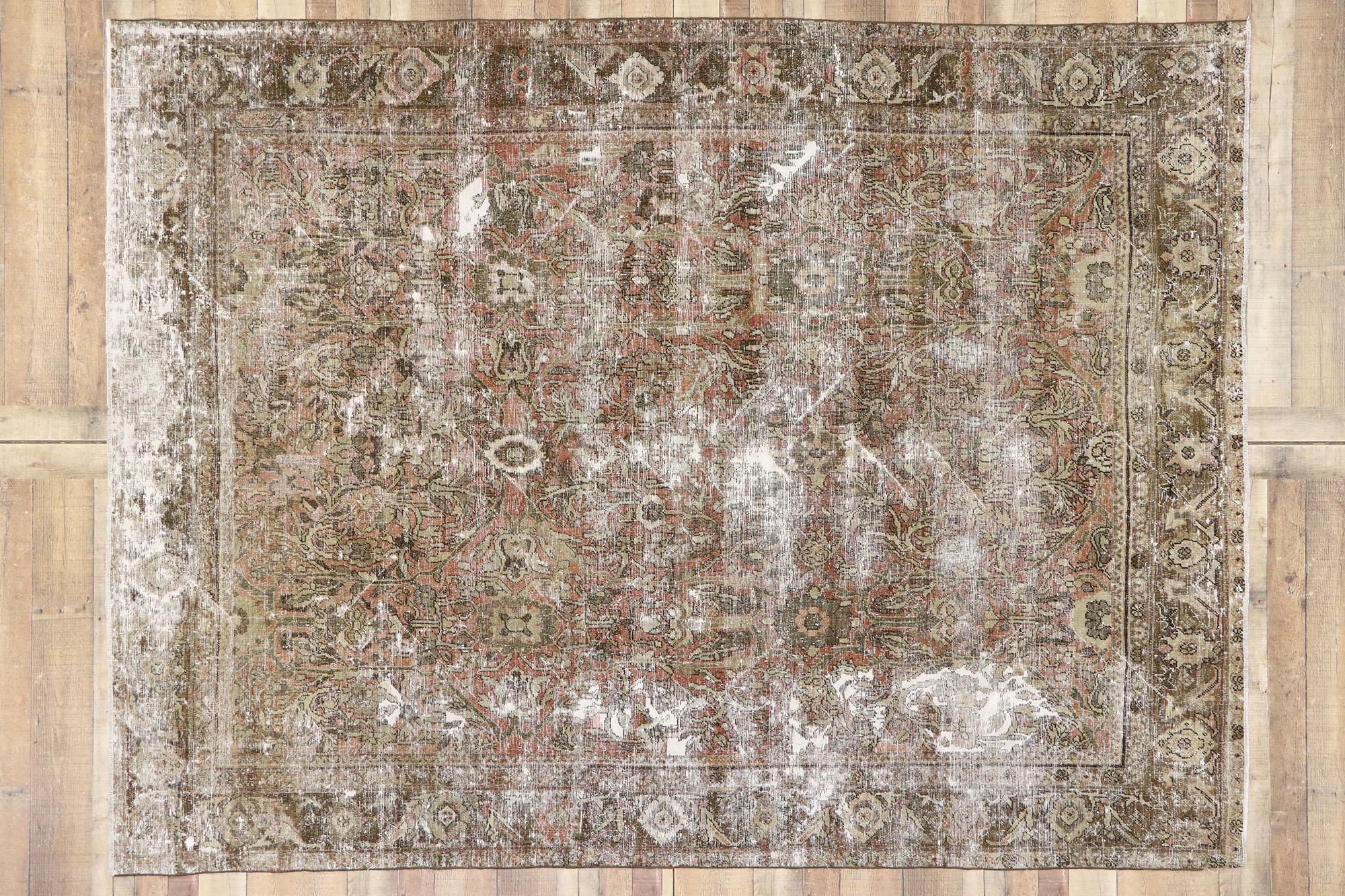 Distressed Antique Persian Mahal Rug with Modern Rustic Style 1