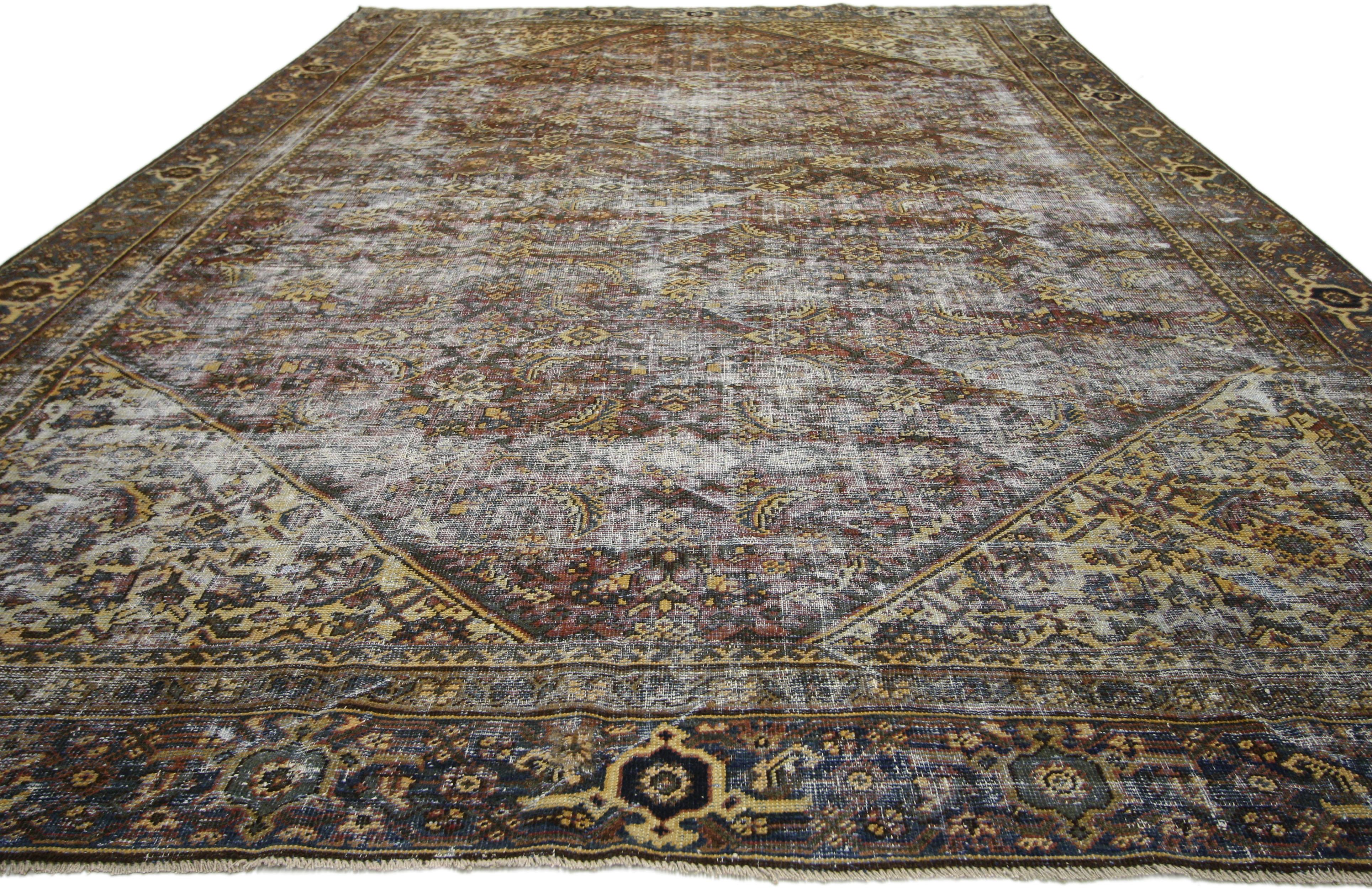 Industrial  Distressed Antique Persian Mahal Rug with Traditional English Rustic Style 