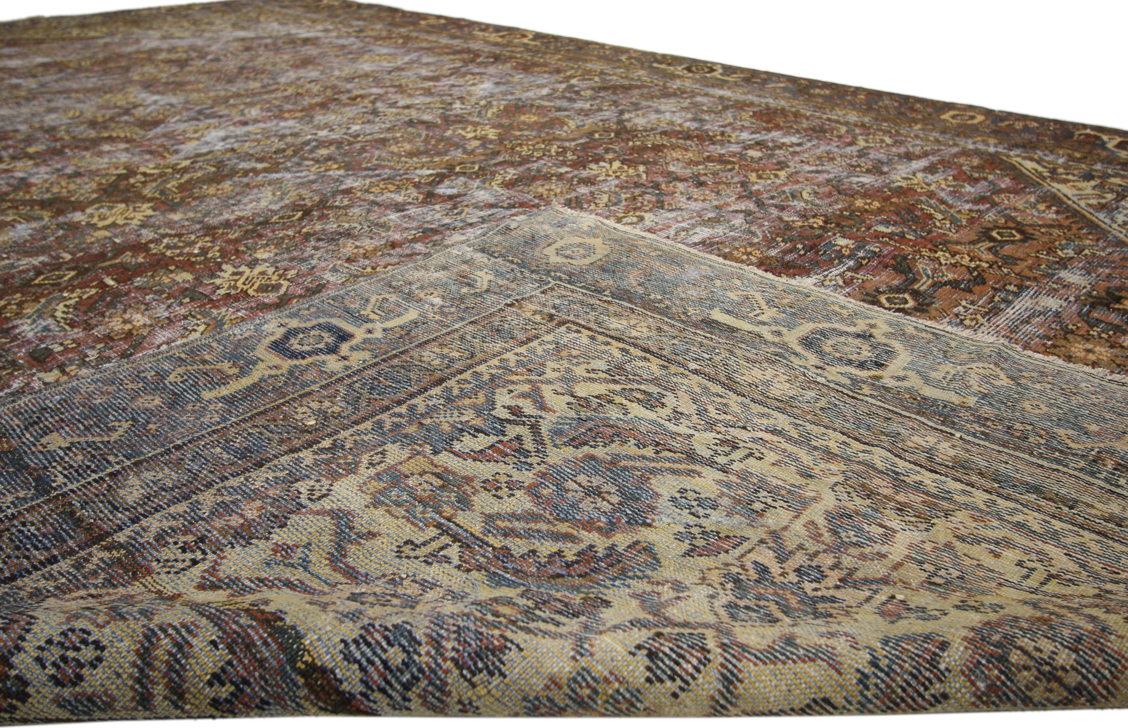 Distressed Antique Persian Mahal Rug with Traditional English Rustic Style  In Distressed Condition In Dallas, TX