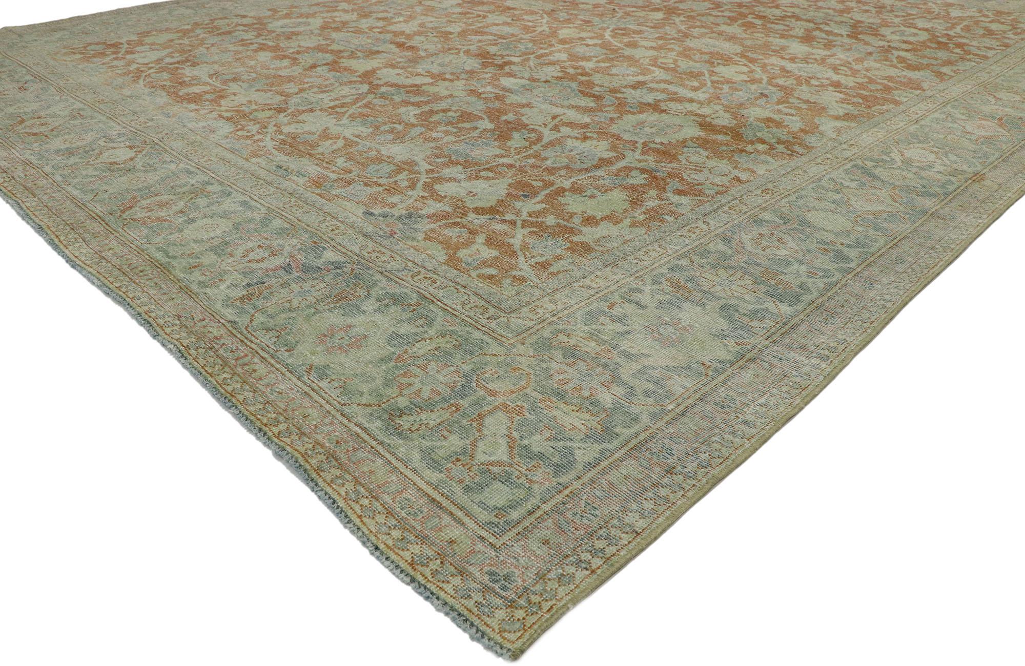 53217 distressed antique Persian Mahal rug with Relaxed Southern Living style. With its perfectly worn-in charm and rustic sensibility, this hand-knotted wool distressed antique Persian Mahal rug will take on a curated lived-in look that feels