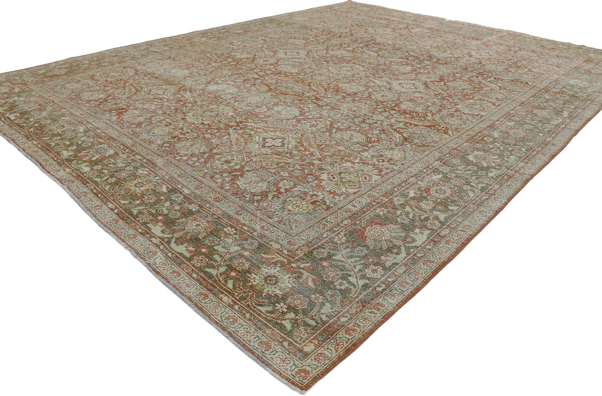 53232, distressed antique Persian Mahal rug with Rustic American Colonial style. Displaying well-balanced symmetry and a simple design aesthetic, this hand knotted wool distressed antique Persian Mahal rug beautifully embodies American Colonial