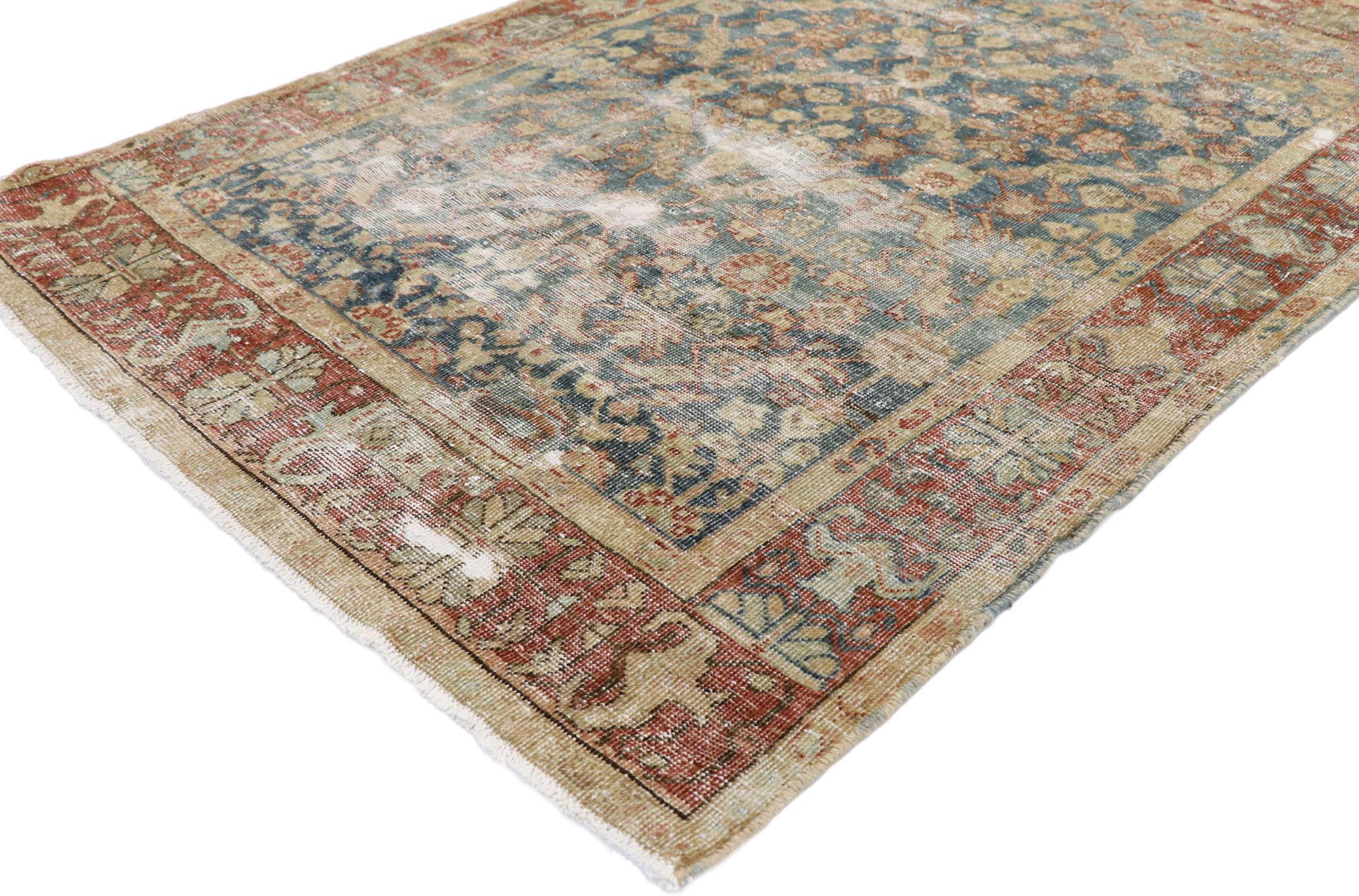 60850 Distressed Antique Persian Mahal rug with Rustic English style. Warm and inviting with a lovingly time-worn composition, this hand-knotted wool distressed antique Persian Mahal rug charms with ease. The weathered cerulean field features an