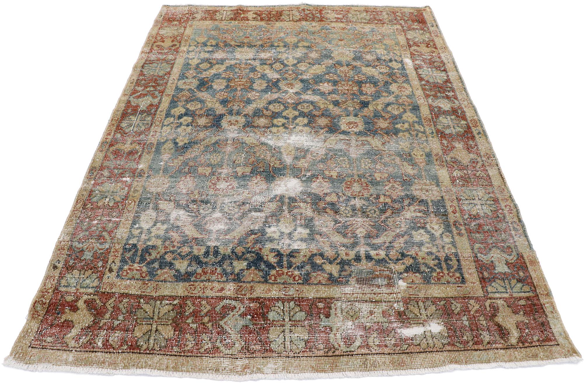 Tribal Distressed Antique Persian Mahal Rug with Rustic English Style For Sale