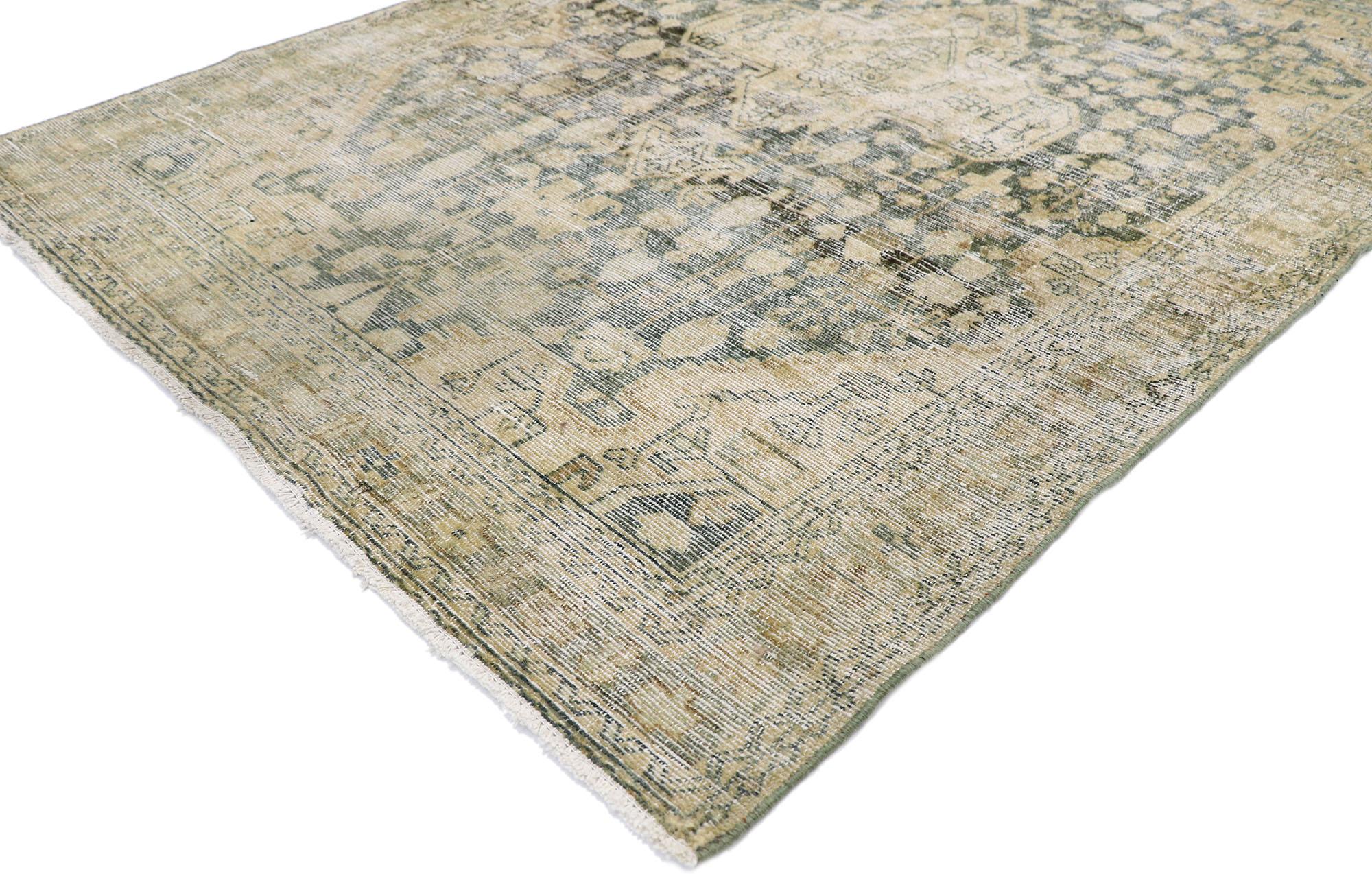 60838 Distressed antique Persian Mahal rug with Rustic Gustavian style. Softer yet no less striking, this hand knotted wool antique Persian Mahal rug beautifully embodies Gustavian style and Swedish simplicity. The weathered field features a