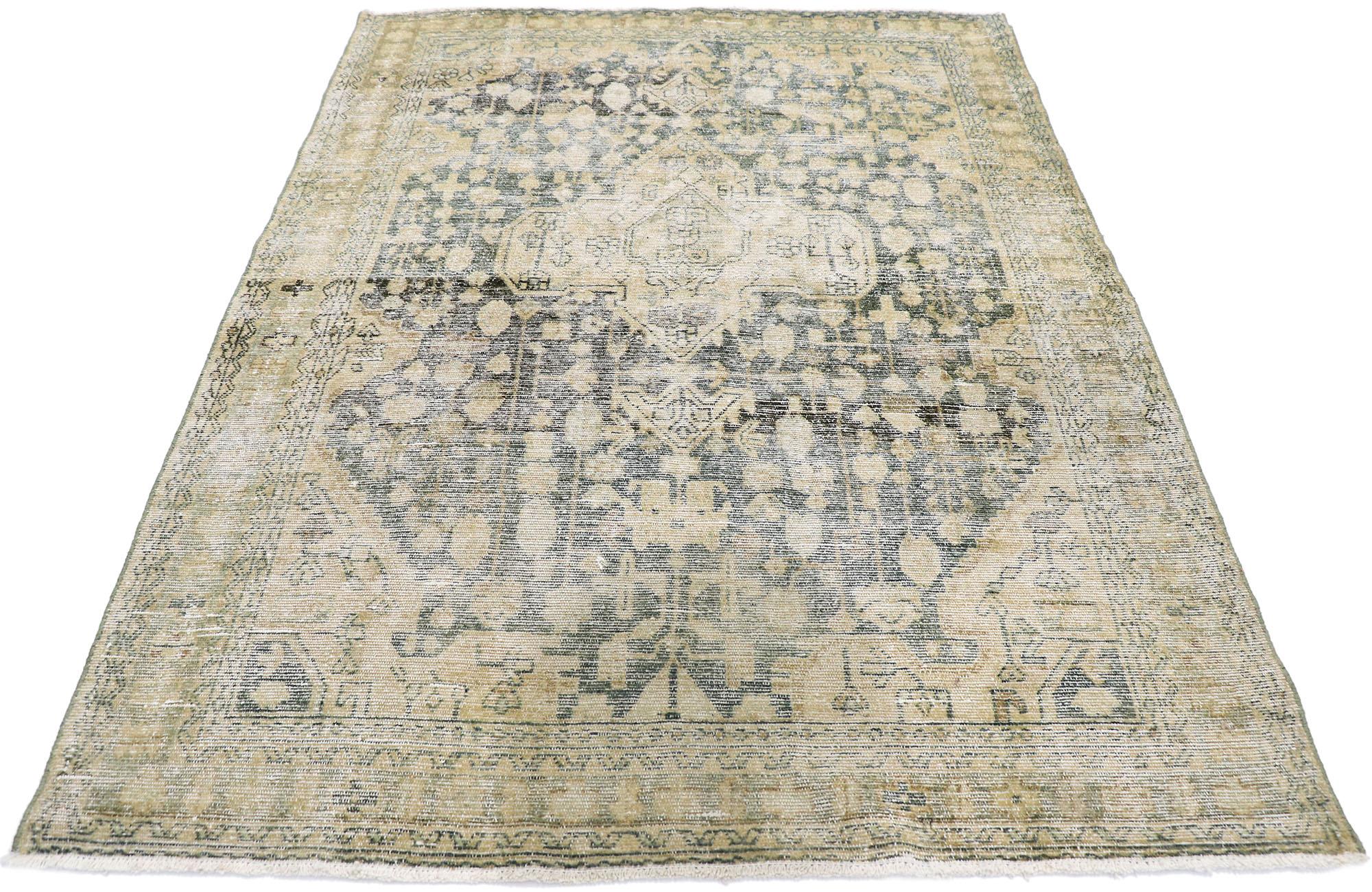 Malayer Distressed Antique Persian Mahal Rug with Rustic Gustavian Cottage Style