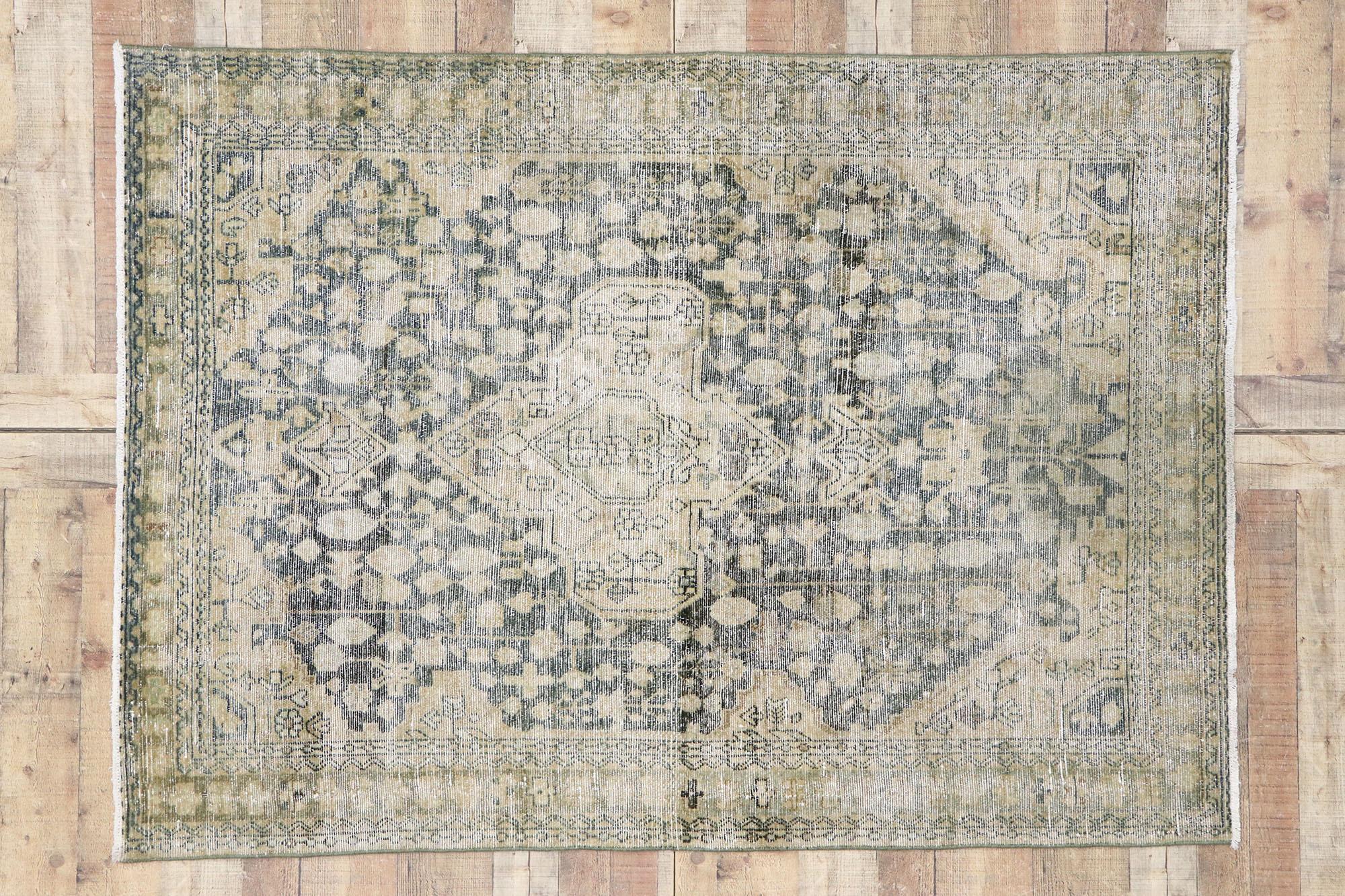 Distressed Antique Persian Mahal Rug with Rustic Gustavian Cottage Style 1