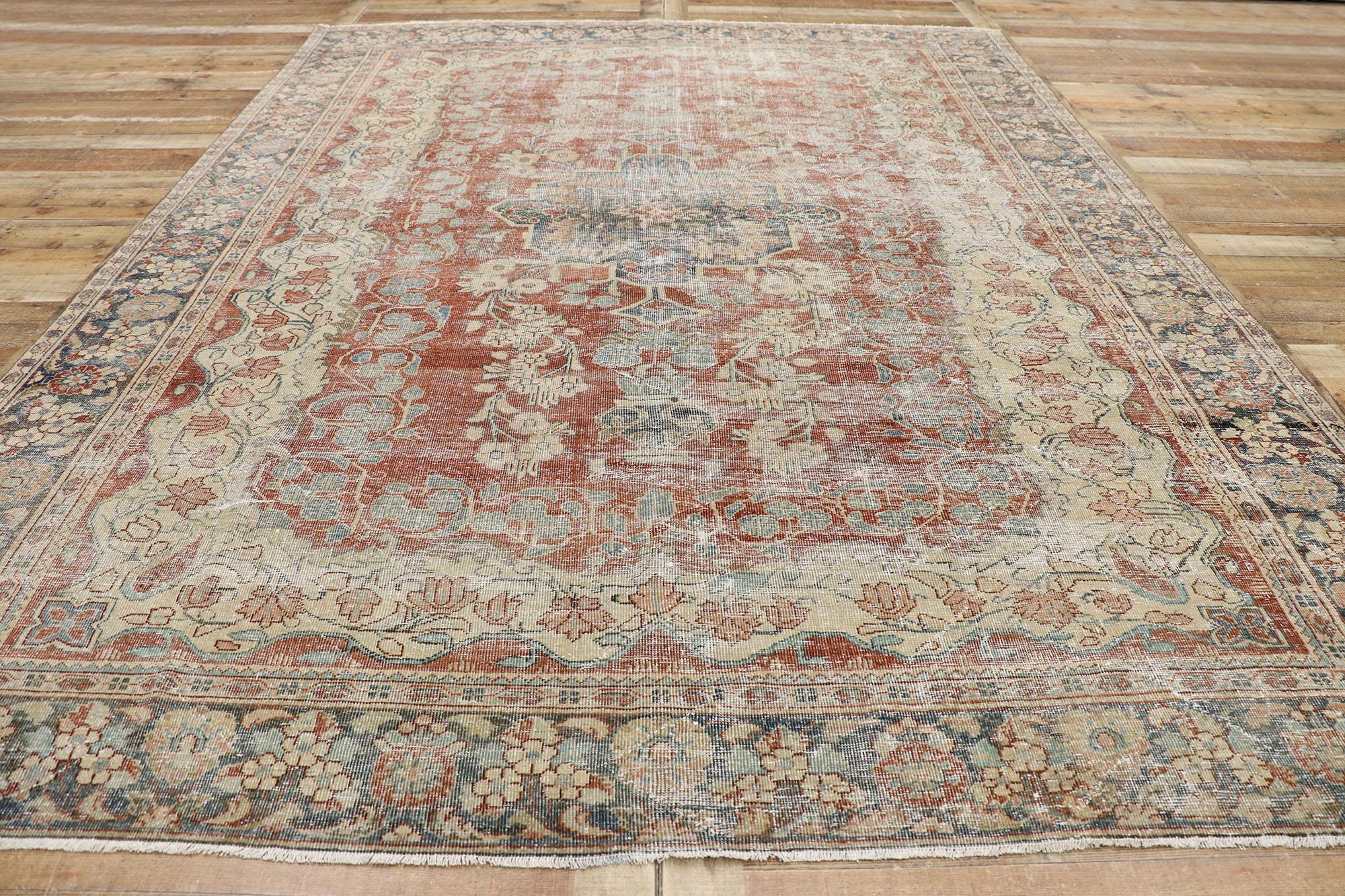 Wool Distressed Antique Persian Mahal Rug with Rustic Modern Spanish Farmhouse Style For Sale