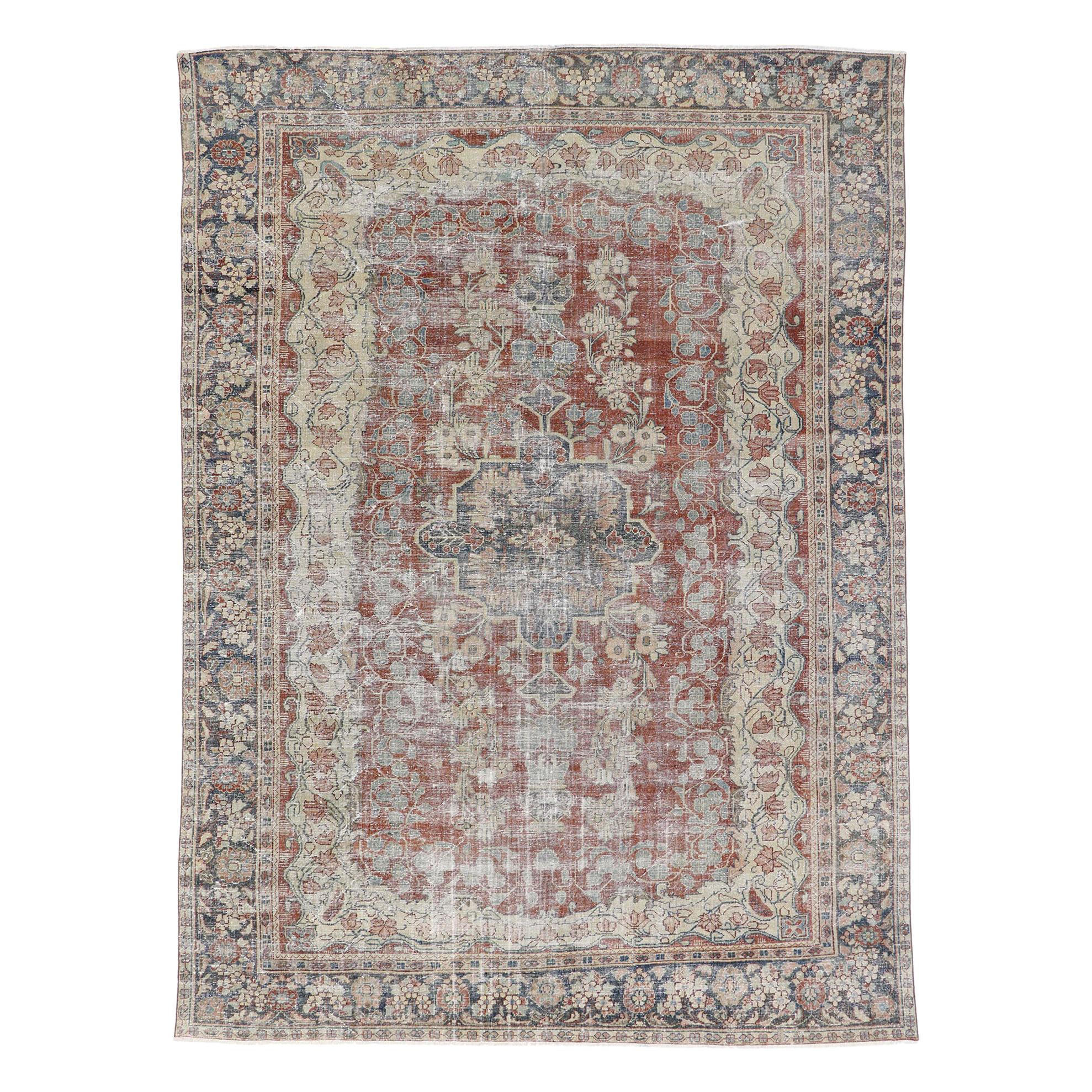 Distressed Antique Persian Mahal Rug with Rustic Modern Spanish Farmhouse Style For Sale