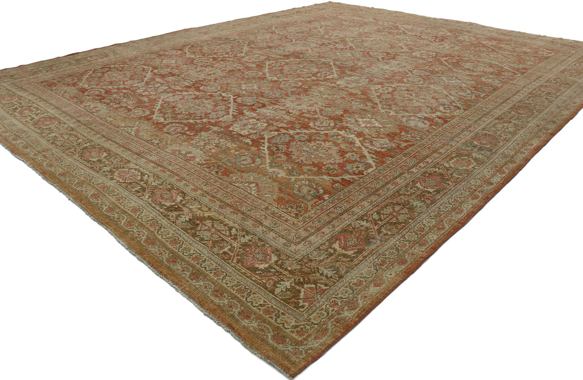 53171 Distressed antique Persian Mahal rug with rustic Spanish Mission style. Effortless beauty and soft, bespoke vibes meet rustic Spanish Mission style in this hand knotted wool distressed antique Persian Mahal rug. The lovingly time-worn field