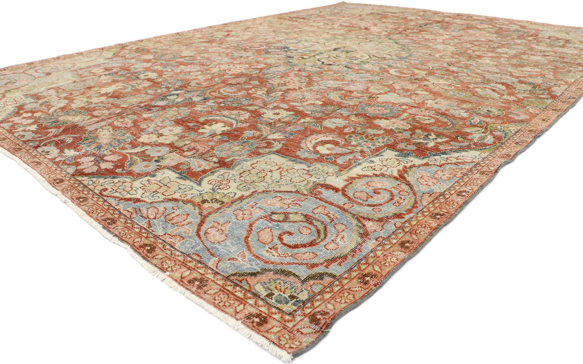 60951 distressed antique Persian Mahal rug with Rustic style 08'01 x 11'05, Traditional style and rustic sensibility with romantic connotations, this hand-knotted wool distressed antique Persian Mahal rug is a vision of woven beauty. The lovingly