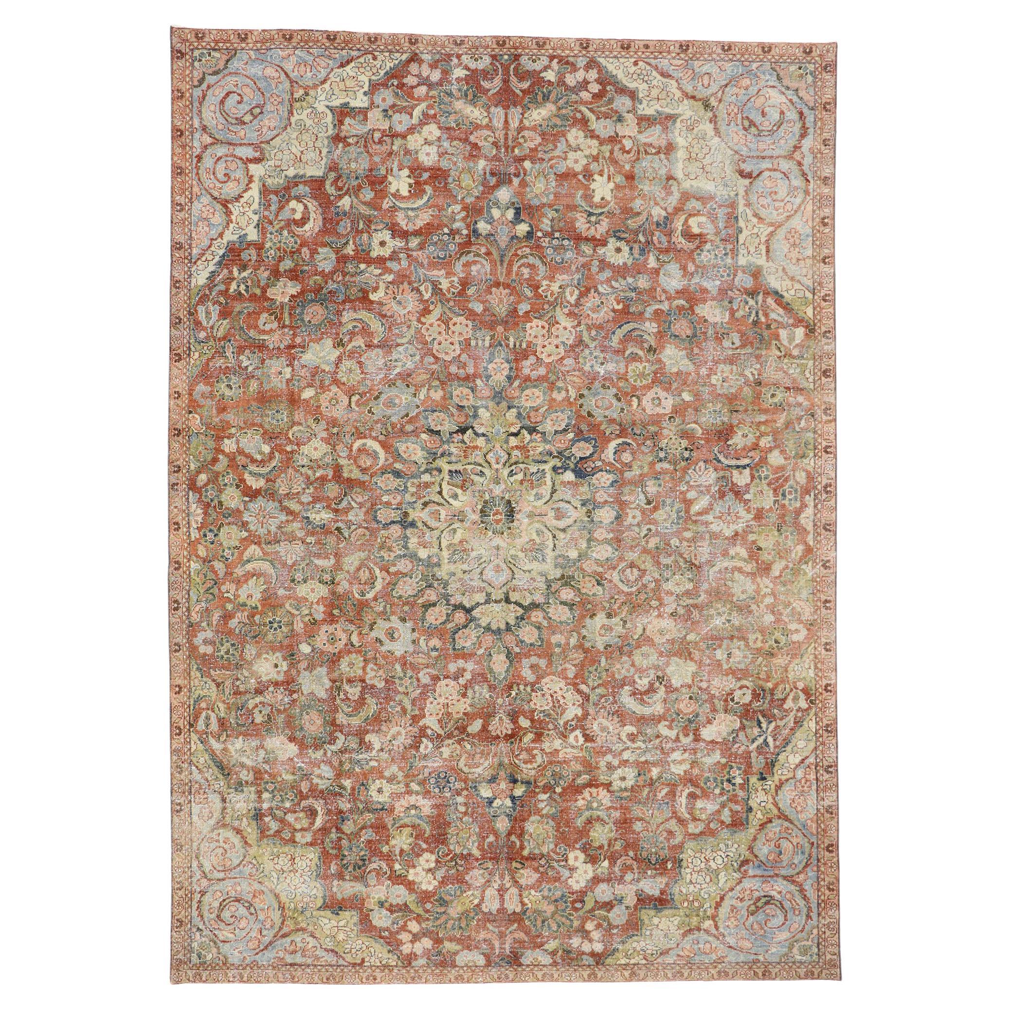 Distressed Antique Persian Mahal Rug with Rustic Style For Sale