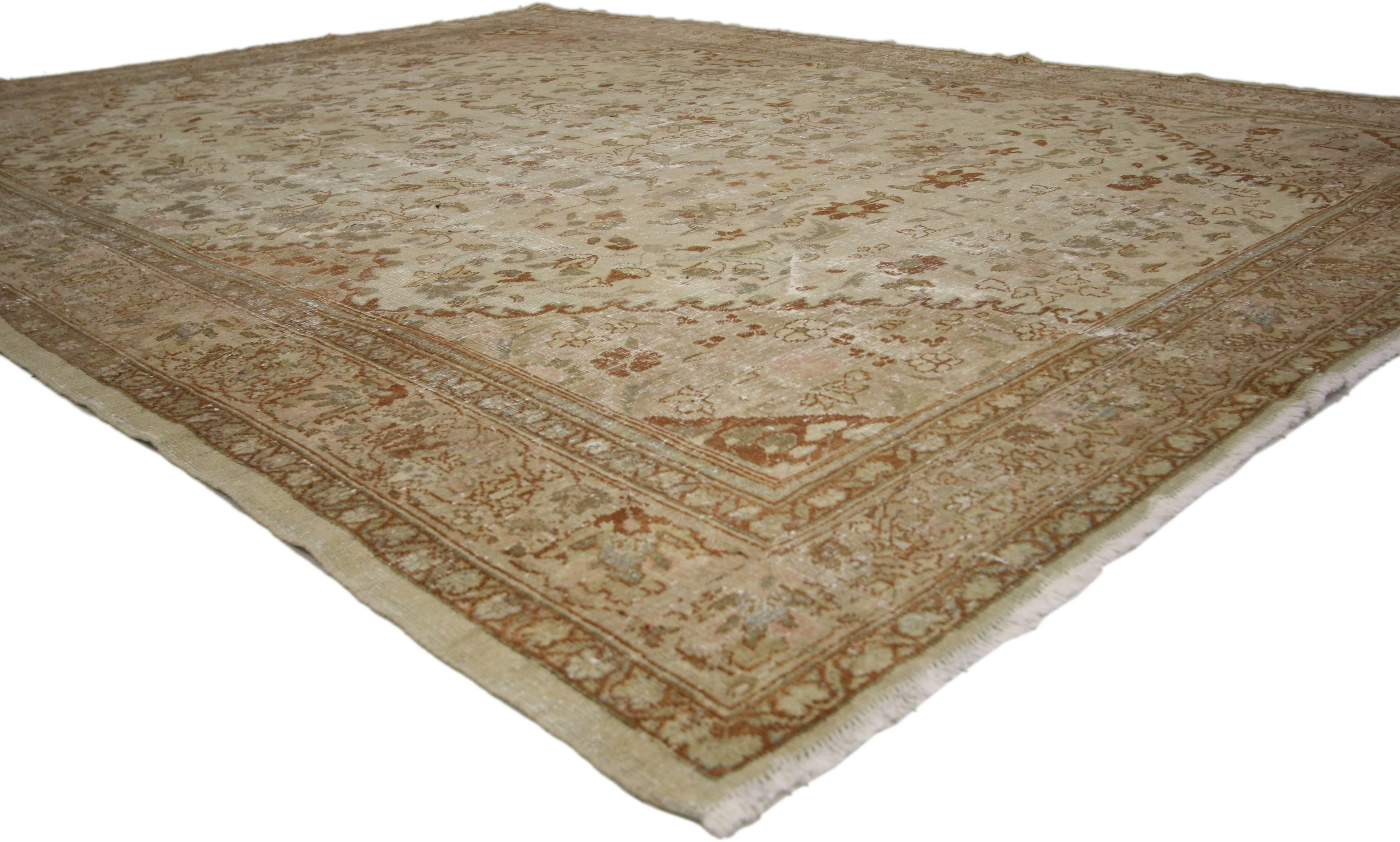 74939 distressed antique Persian Mahal rug with shabby chic Farmhouse Style. With its soft, subtle hues and cozy simplicity, this hand knotted wool distressed antique Persian Mahal rug charms with ease and beautifully embodies Cotswold Cottage style