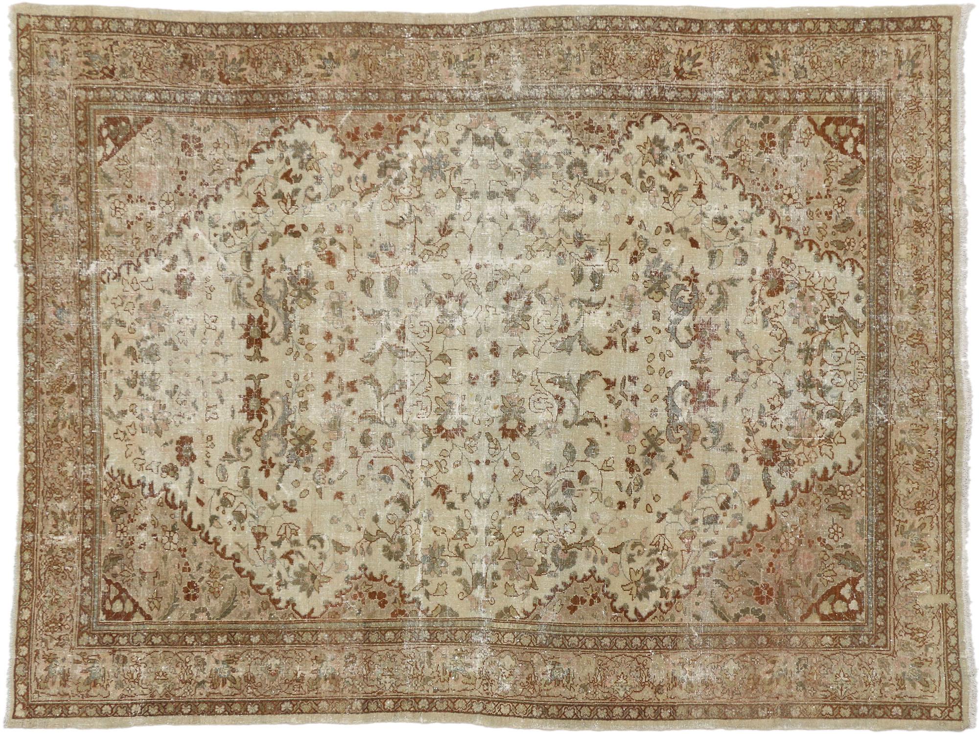 Rustic Distressed Antique Persian Mahal Rug with Shabby Chic Farmhouse Style For Sale