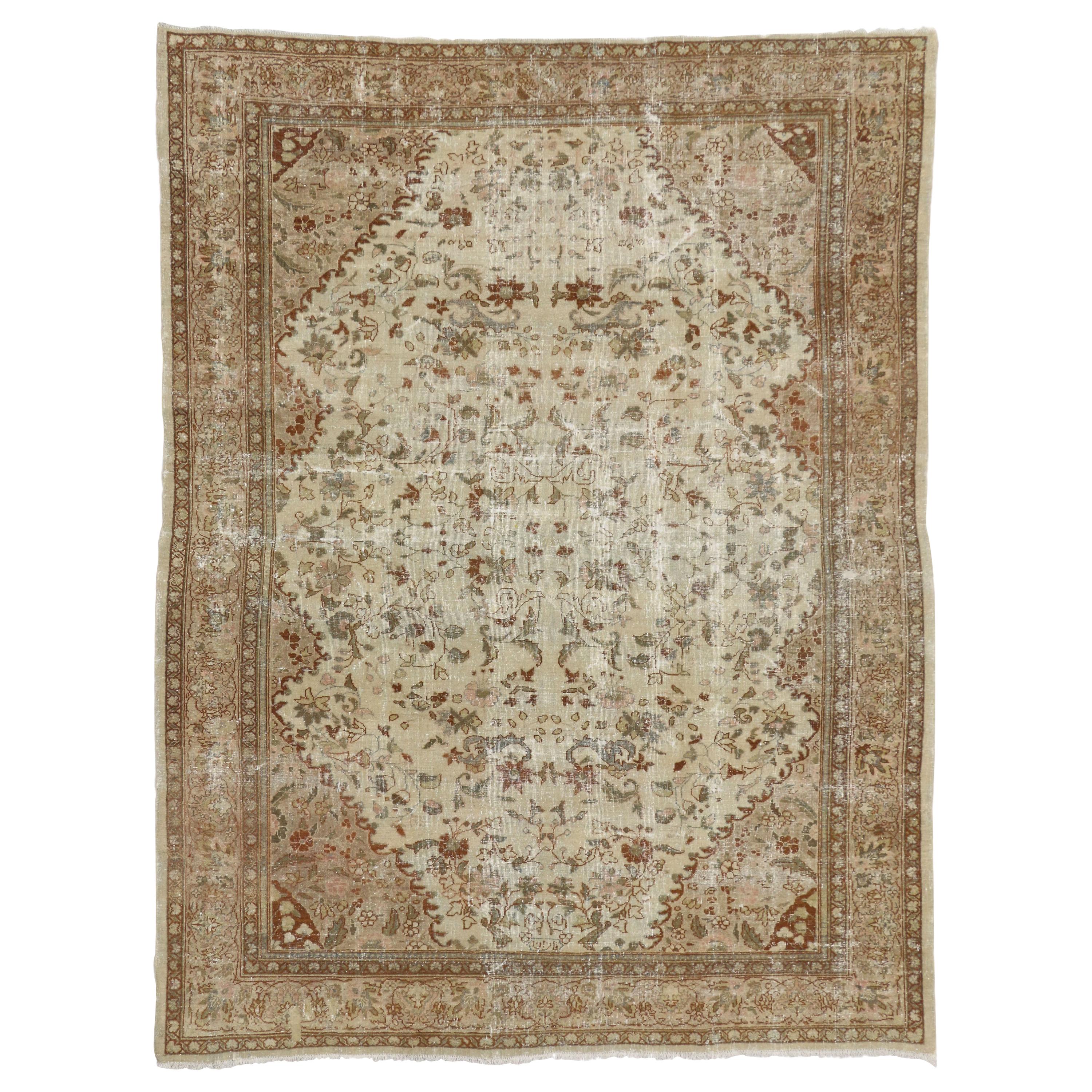 Distressed and Overdyed Farmhouse Feminine Area Rug with Shabby Chic Style For Sale at 1stDibs