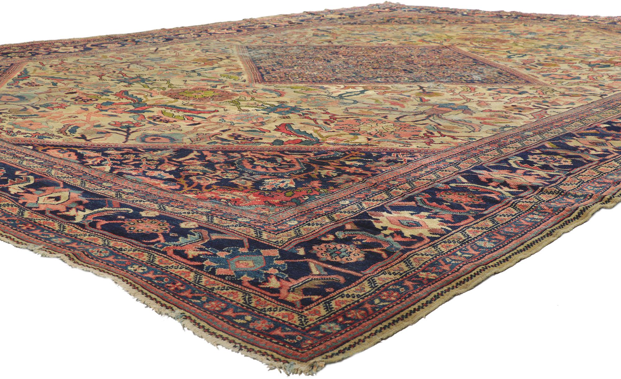 78058 Distressed Antique Persian Mahal Rug, 11'02 x 14'02. Rendered in variegated shades of beige, navy blue, rose, cerulean, sky blue, pink, tan, olive, taupe, baby blue, and mauve with other accent colors. Distressed. Desirable Age Wear.