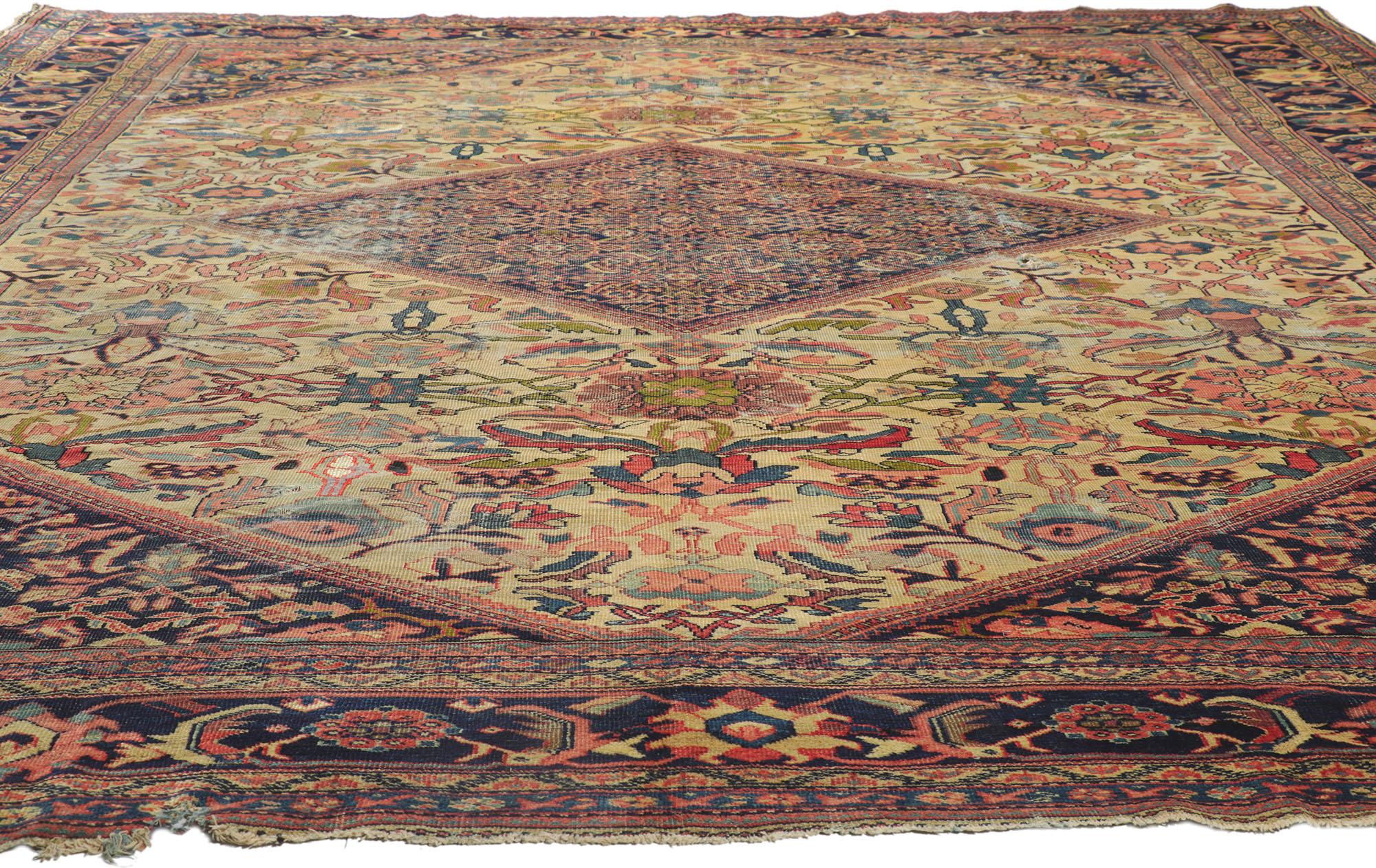 Hand-Knotted Distressed Antique Persian Mahal Rug with Weathered Rustic Style For Sale