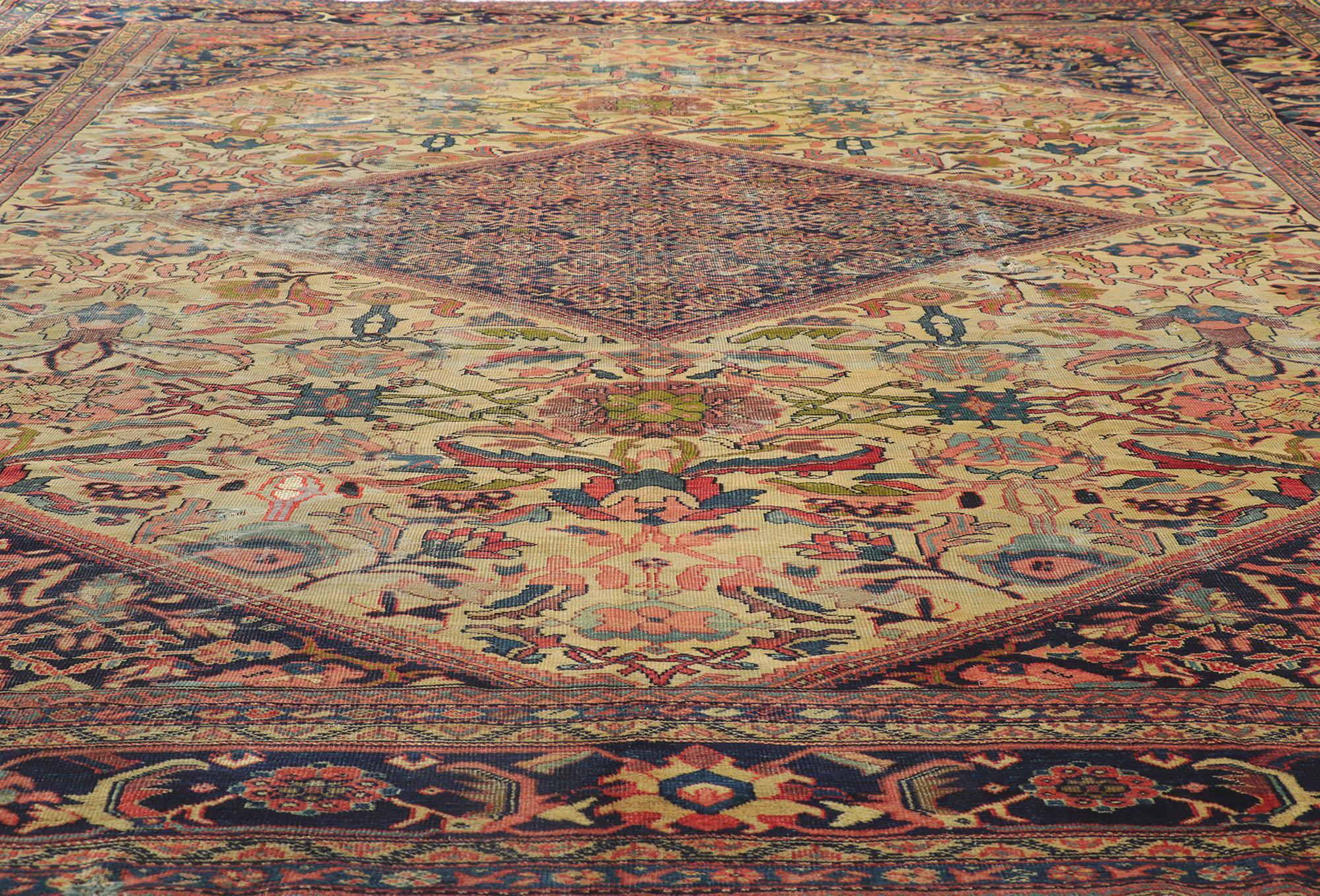 Distressed Antique Persian Mahal Rug with Weathered Rustic Style In Distressed Condition For Sale In Dallas, TX