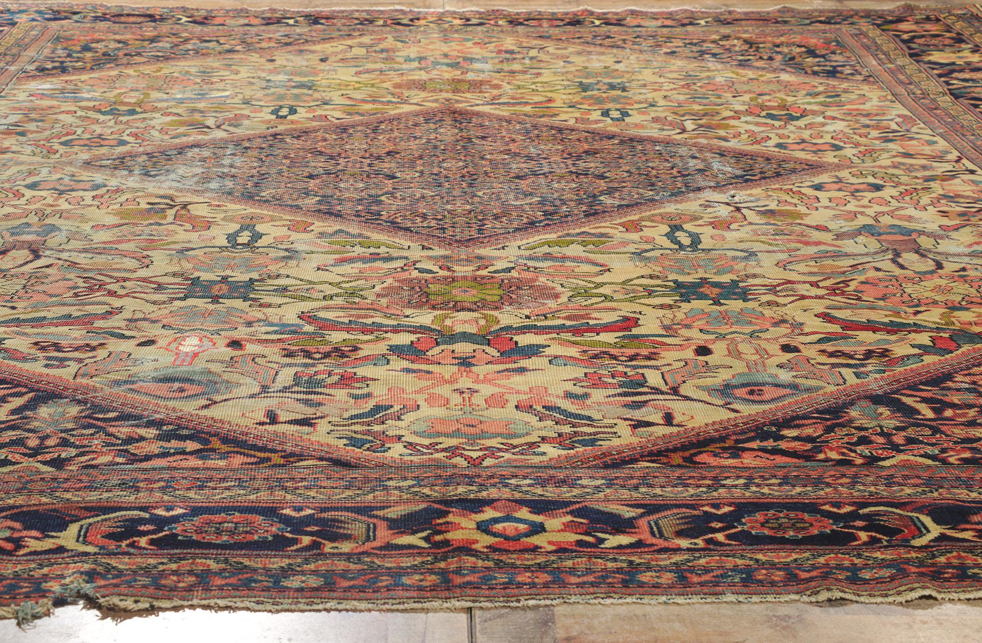 Distressed Antique Persian Mahal Rug with Weathered Rustic Style For Sale 1
