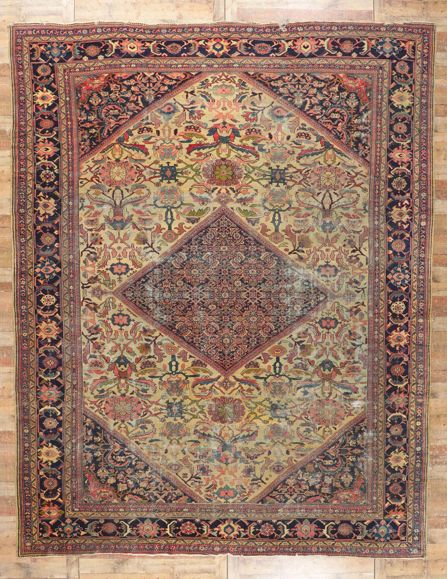 Distressed Antique Persian Mahal Rug with Weathered Rustic Style For Sale 2