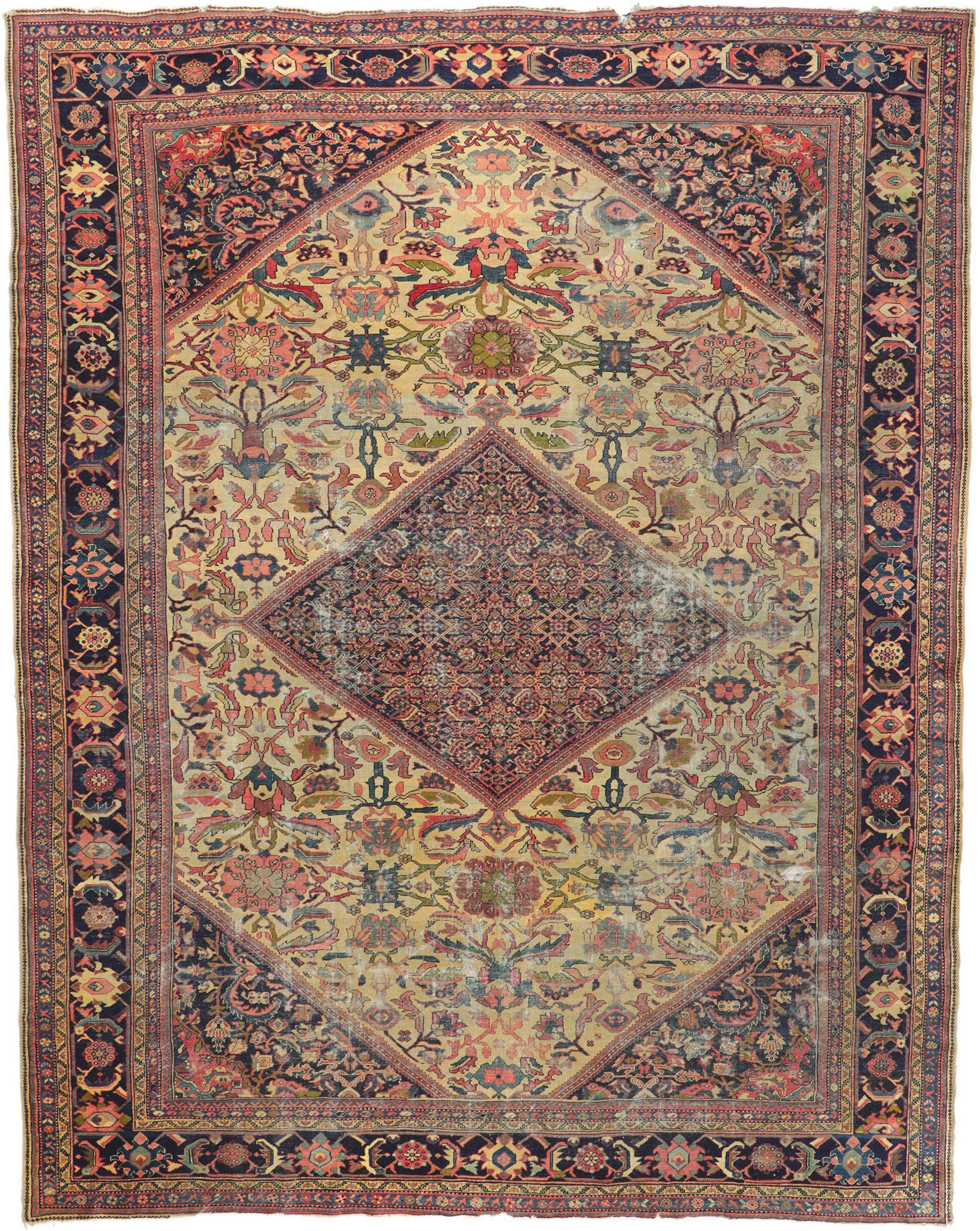 Distressed Antique Persian Mahal Rug with Weathered Rustic Style For Sale 3