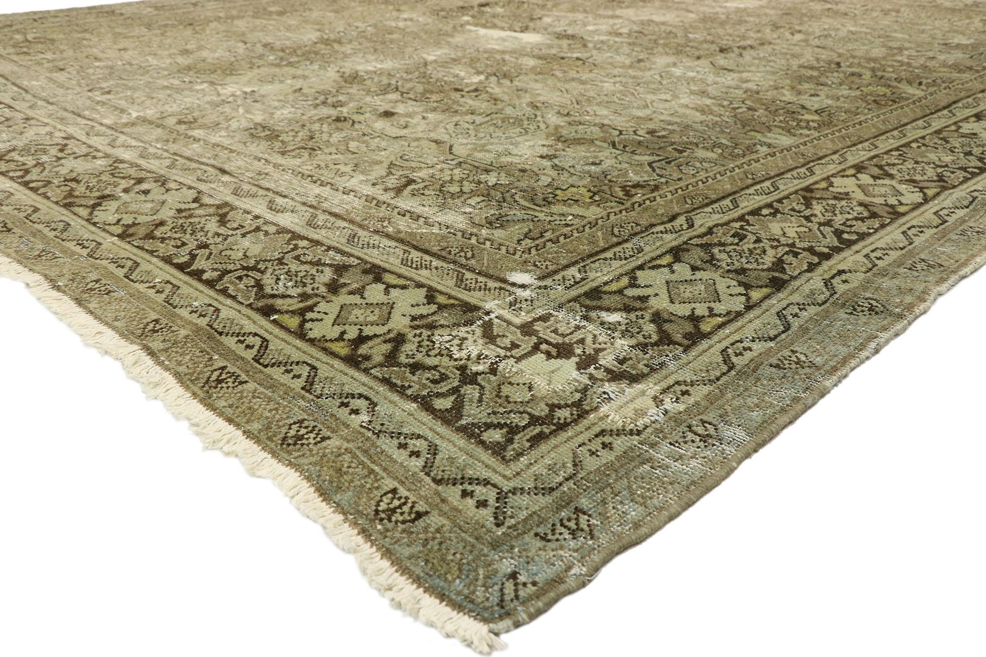 74575 Distressed antique Persian Mahal rug with Modern Rustic English style. With its perfectly worn-in charm and rustic sensibility, this hand knotted wool distressed antique Persian Mahal rug will take on a curated lived-in look that feels