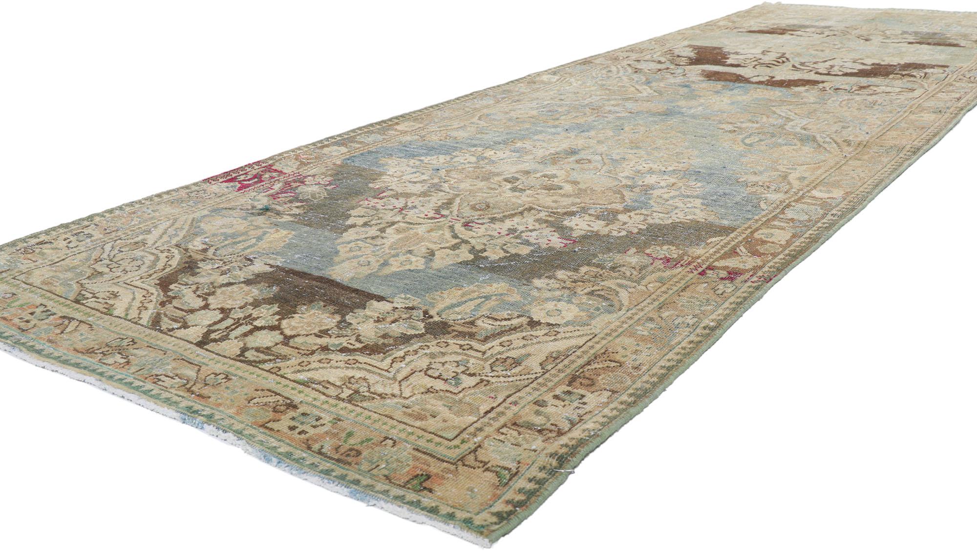 61010 Distressed Antique Persian Mahal runner 04'02 x 13'01. Traditional style and rustic sensibility with romantic connotations, this hand-knotted wool distressed antique Persian Mahal runner is a vision of woven beauty. The lovingly time-worn