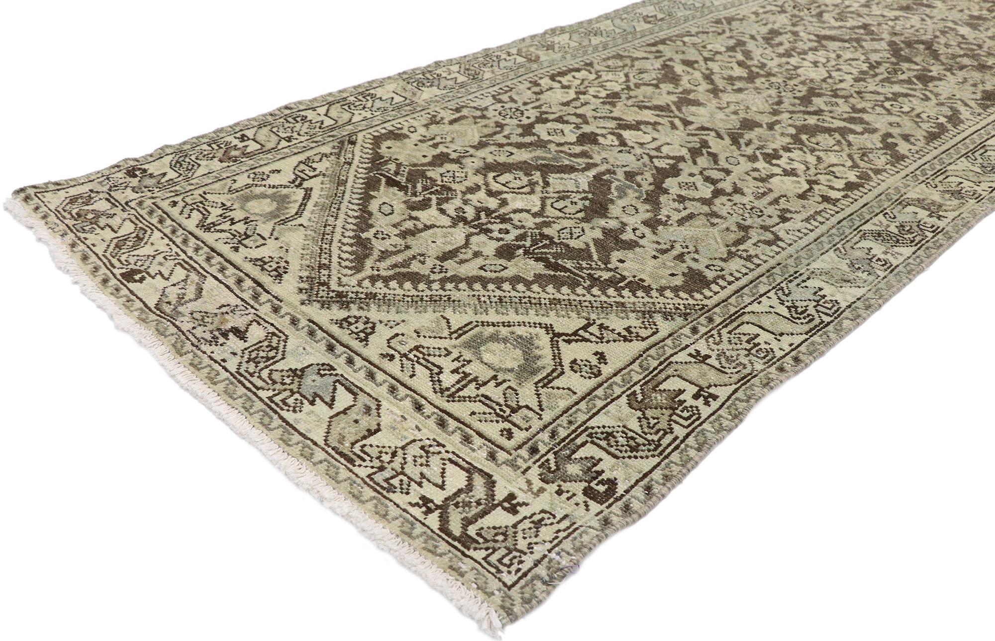 60879 Distressed Antique Persian Mahal runner with Modern Rustic Artisan style 03'06 x 10'05. Warm and inviting with a lovingly time-worn composition, this hand-knotted wool distressed antique Persian Mahal runner will take on a curated lived-in