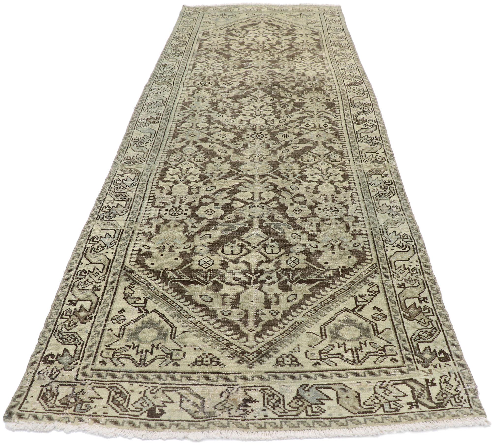 Malayer Distressed Antique Persian Mahal Runner with Modern Rustic Artisan Style For Sale