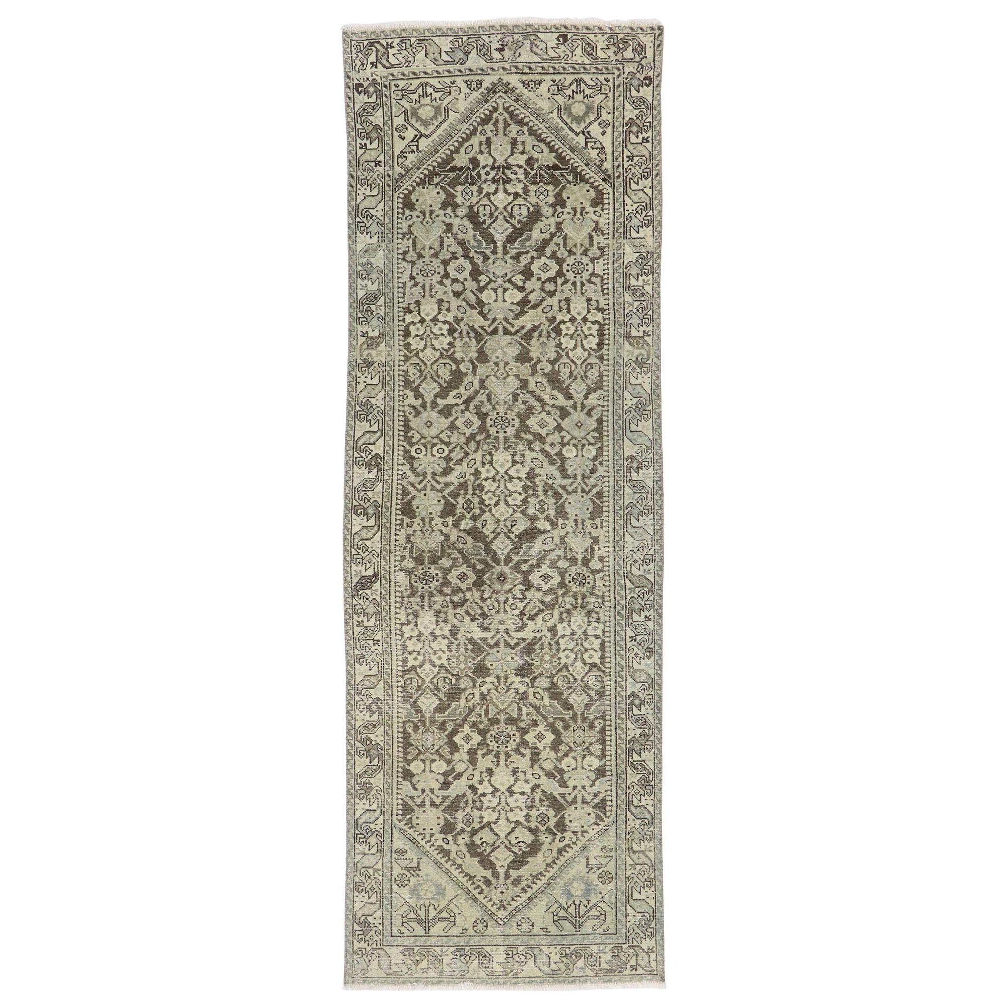 Distressed Antique Persian Mahal Runner with Modern Rustic Artisan Style For Sale
