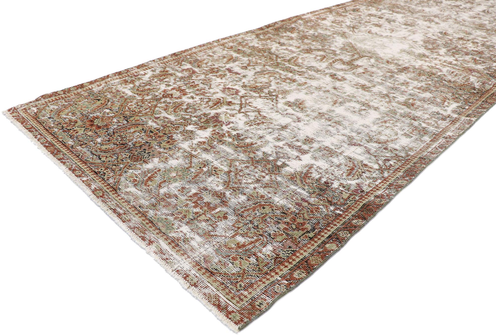 60822, distressed antique Persian Mahal runner with modern rustic industrial style 03'08 x 09'11. Warm and inviting with rustic sensibility, this hand-knotted wool distressed antique Persian Mahal runner beautifully embodies modern industrial style.