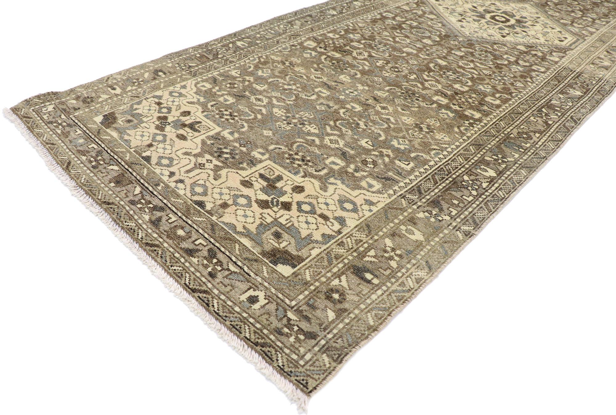 60877 Distressed Antique Persian Mahal runner with Modern Rustic Shaker style 03'04 x 10'02. With its timeless design and modern industrial style with rustic sensibility, this hand knotted wool distressed antique Persian Mahal runner will take on a