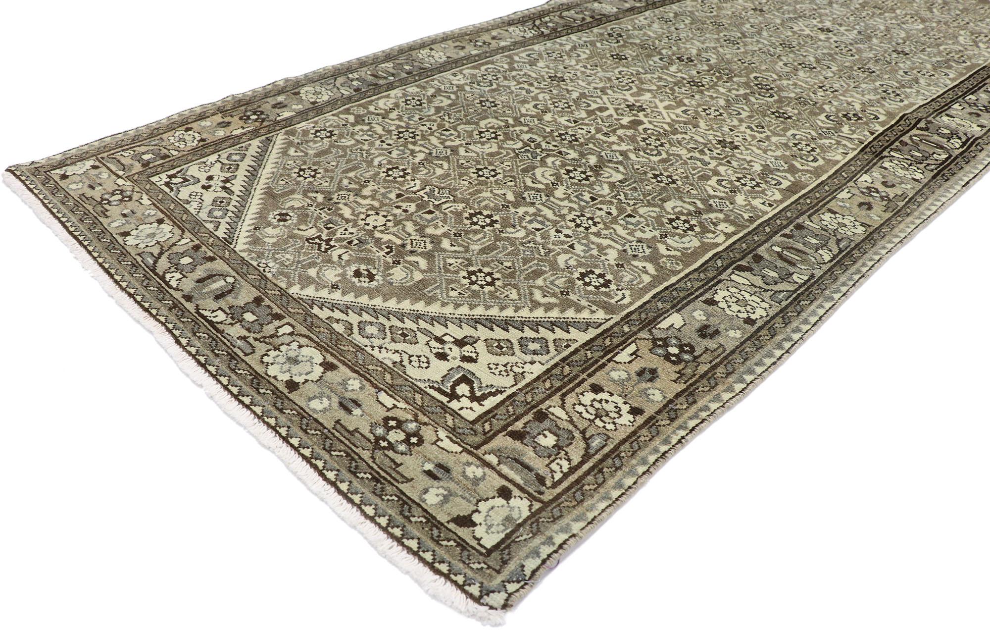 60878, distressed Antique Persian Mahal Runner with modern rustic shaker style. With its timeless design and modern industrial style with rustic sensibility, this hand knotted wool distressed antique Persian Mahal runner will take on a curated