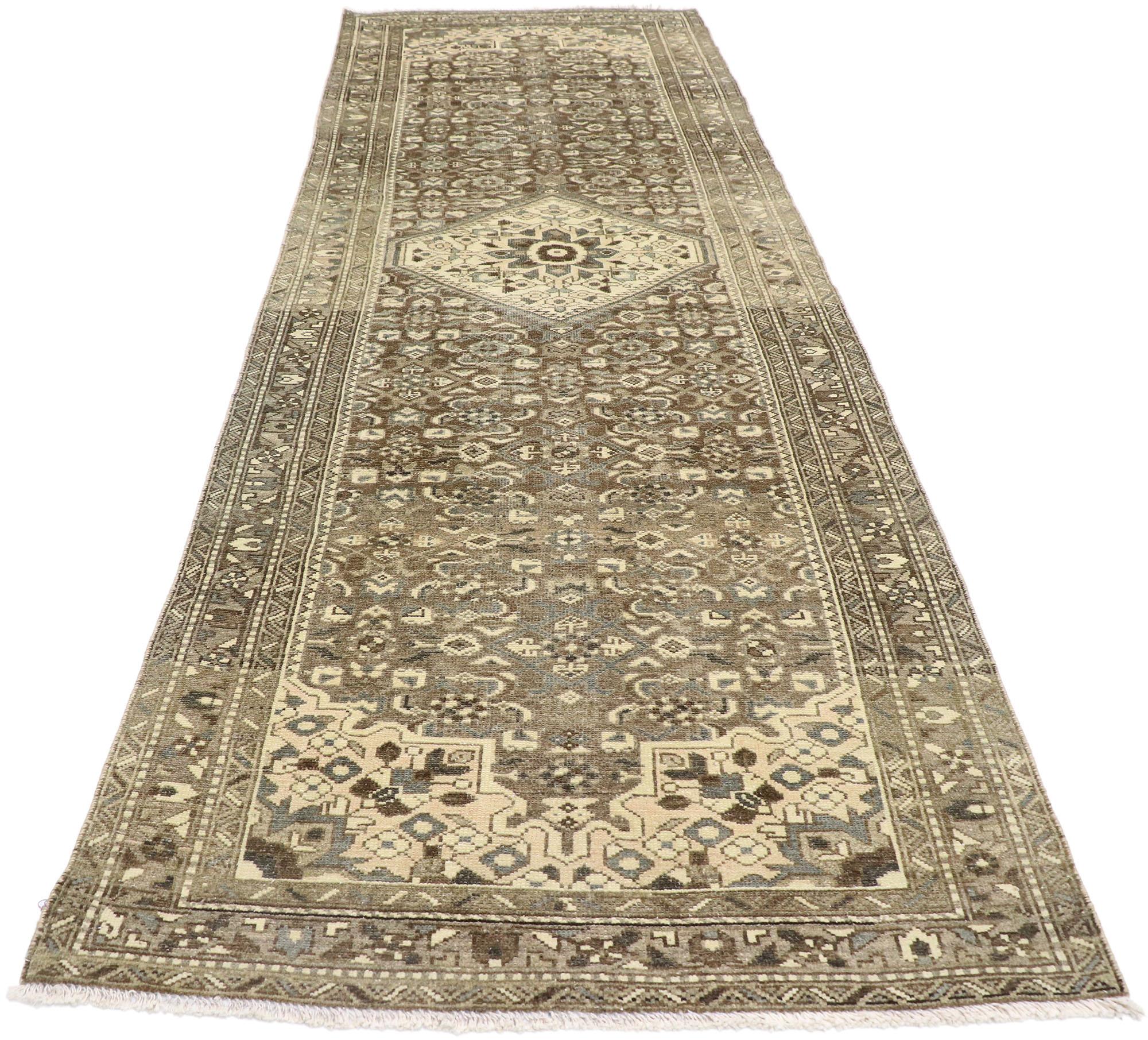 Malayer Distressed Antique Persian Mahal Runner with Modern Rustic Shaker Style For Sale