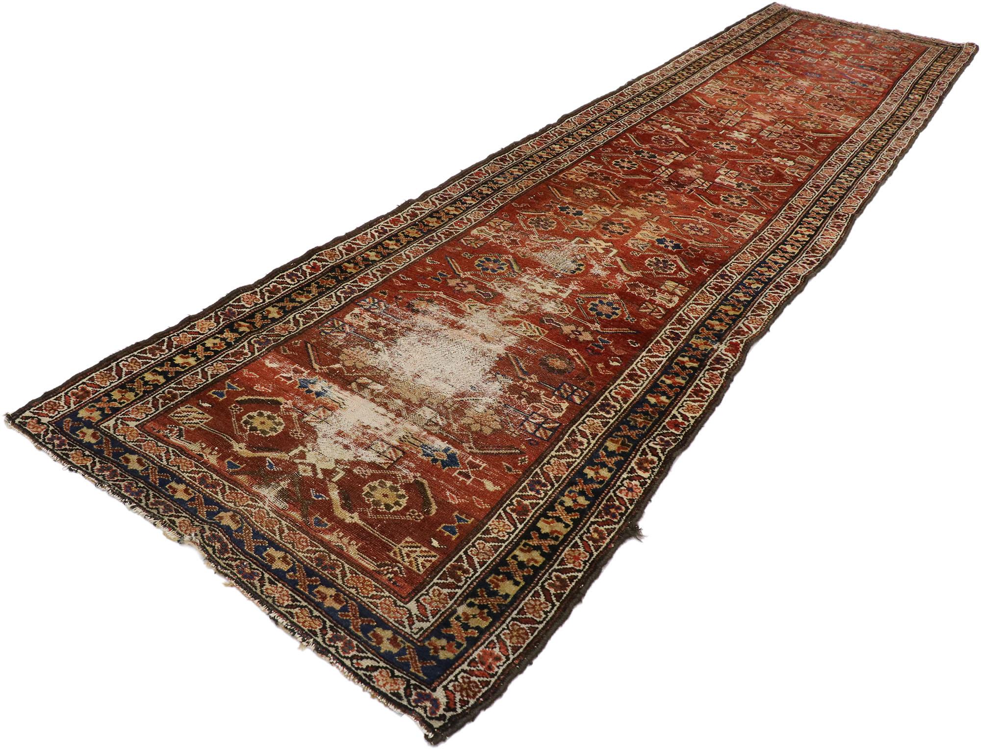 ?77555 distressed antique Persian Mahal runner with rustic Artisan style. ??Decadent beauty combined with understated elegance, this hand-knotted wool distressed Persian Mahal runner is the answer to elevated traditional furnishings with rustic