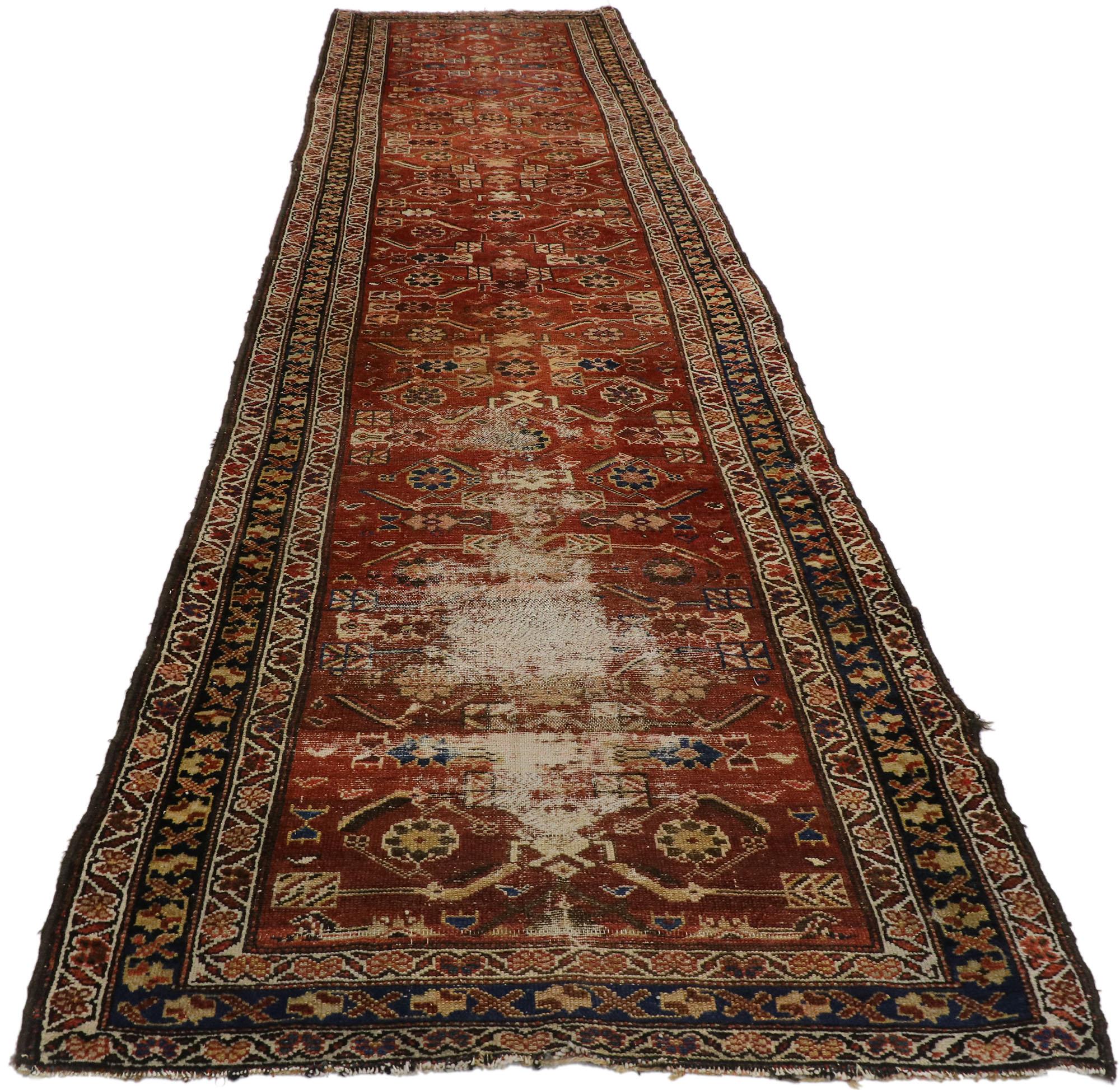 Hand-Knotted Distressed Antique Persian Mahal Runner with Rustic Artisan Style For Sale