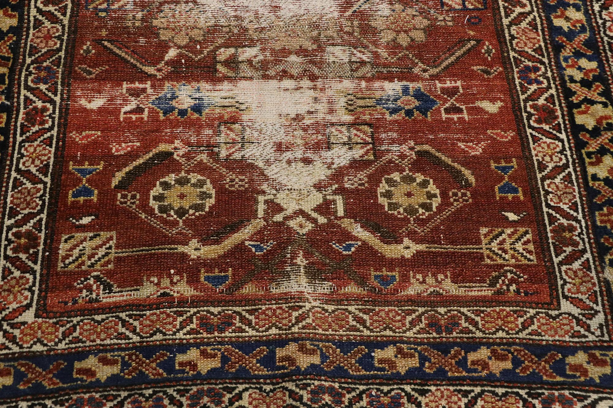 Distressed Antique Persian Mahal Runner with Rustic Artisan Style In Distressed Condition For Sale In Dallas, TX