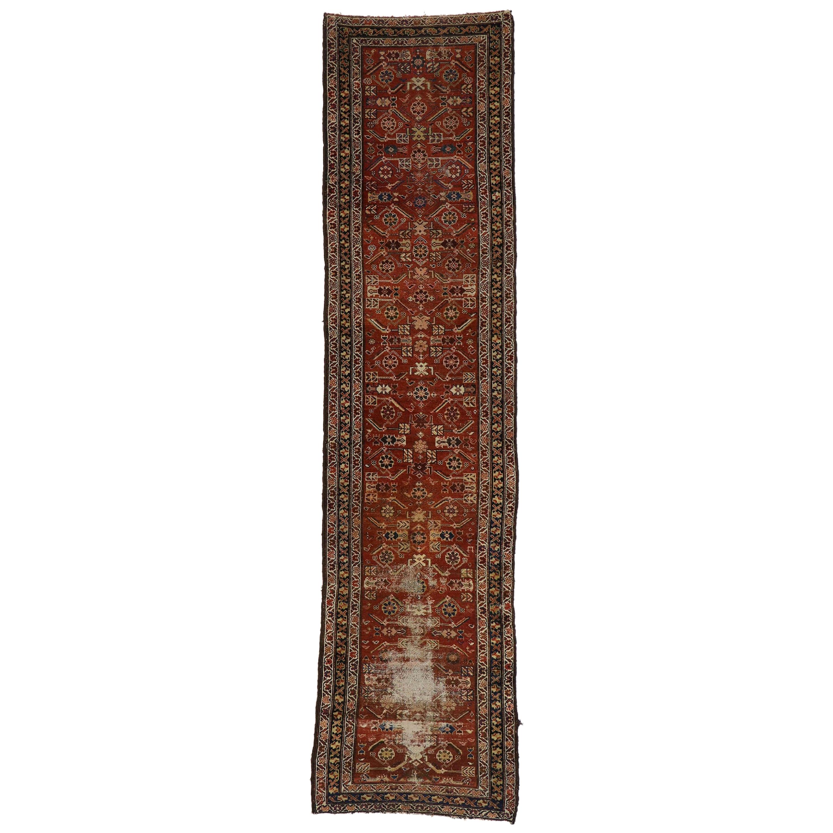 Distressed Antique Persian Mahal Runner with Rustic Artisan Style For Sale