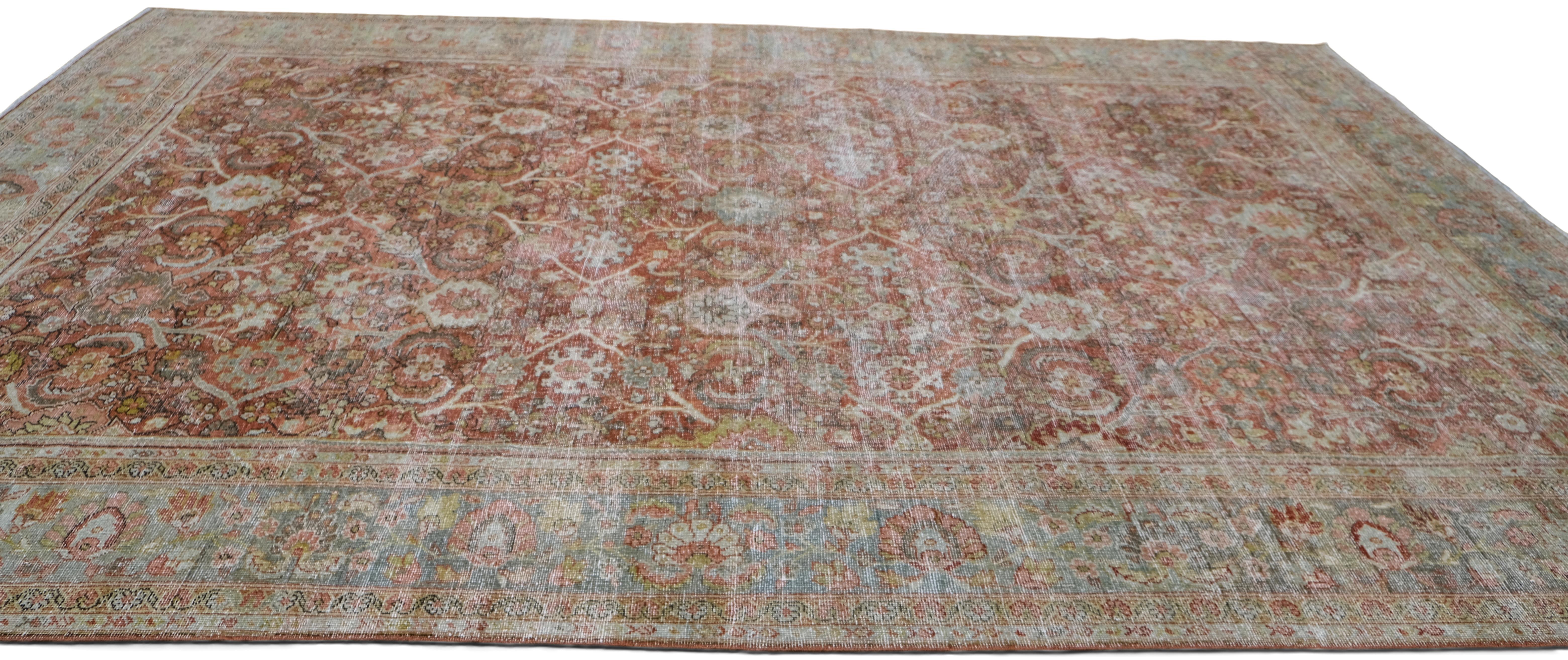 Antiker persischer Mahal-Teppich aus rostiger und hellblauer Wolle  8'8''x12'3'' (Handgeknüpft) im Angebot
