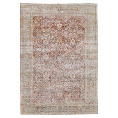 Distressed Antique Persian Mahal Rust and Light Blue Wool Rug  8'8''x12'3''