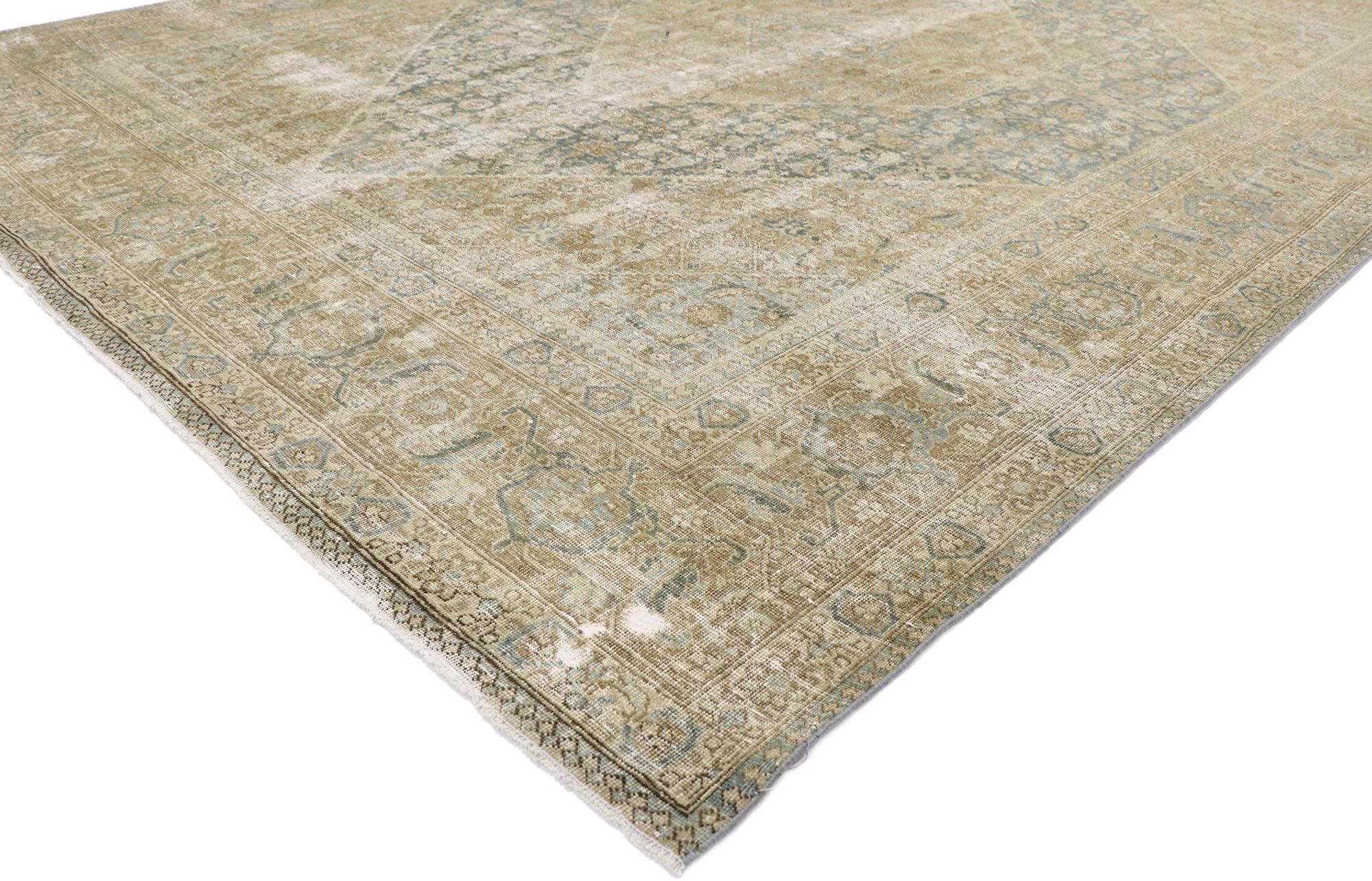 60865 Distressed Antique Persian Mahi Tabriz Rug with Modern Rustic Style 08'01 x 11'03. Effortlessly chic with rustic sensibility, this hand-knotted wool distressed antique Persian Mahi Tabriz rug is a captivating vision of woven beauty. The