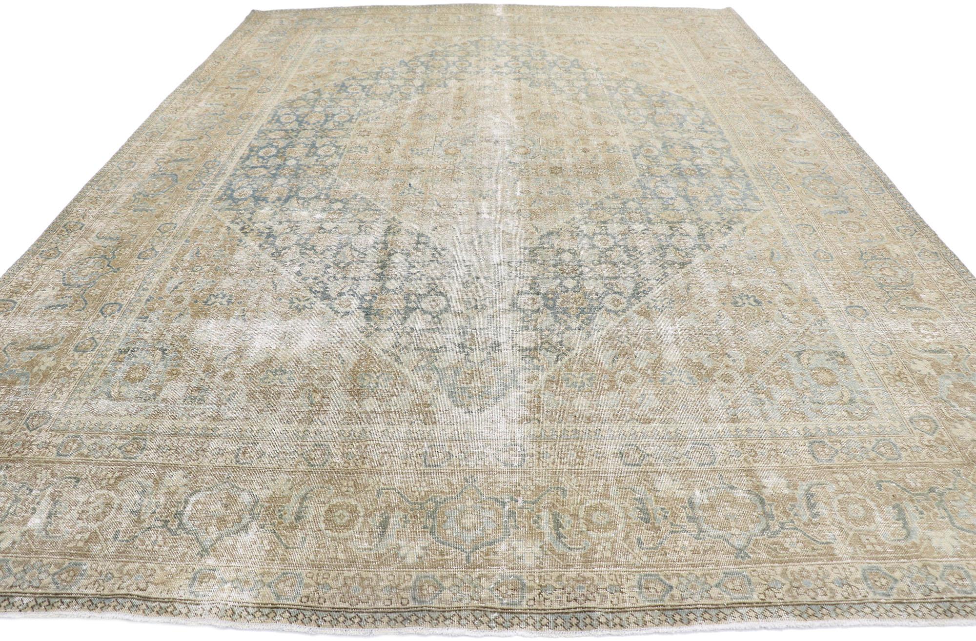 Hand-Knotted Distressed Antique Persian Mahi Tabriz Rug with Modern Rustic Style For Sale