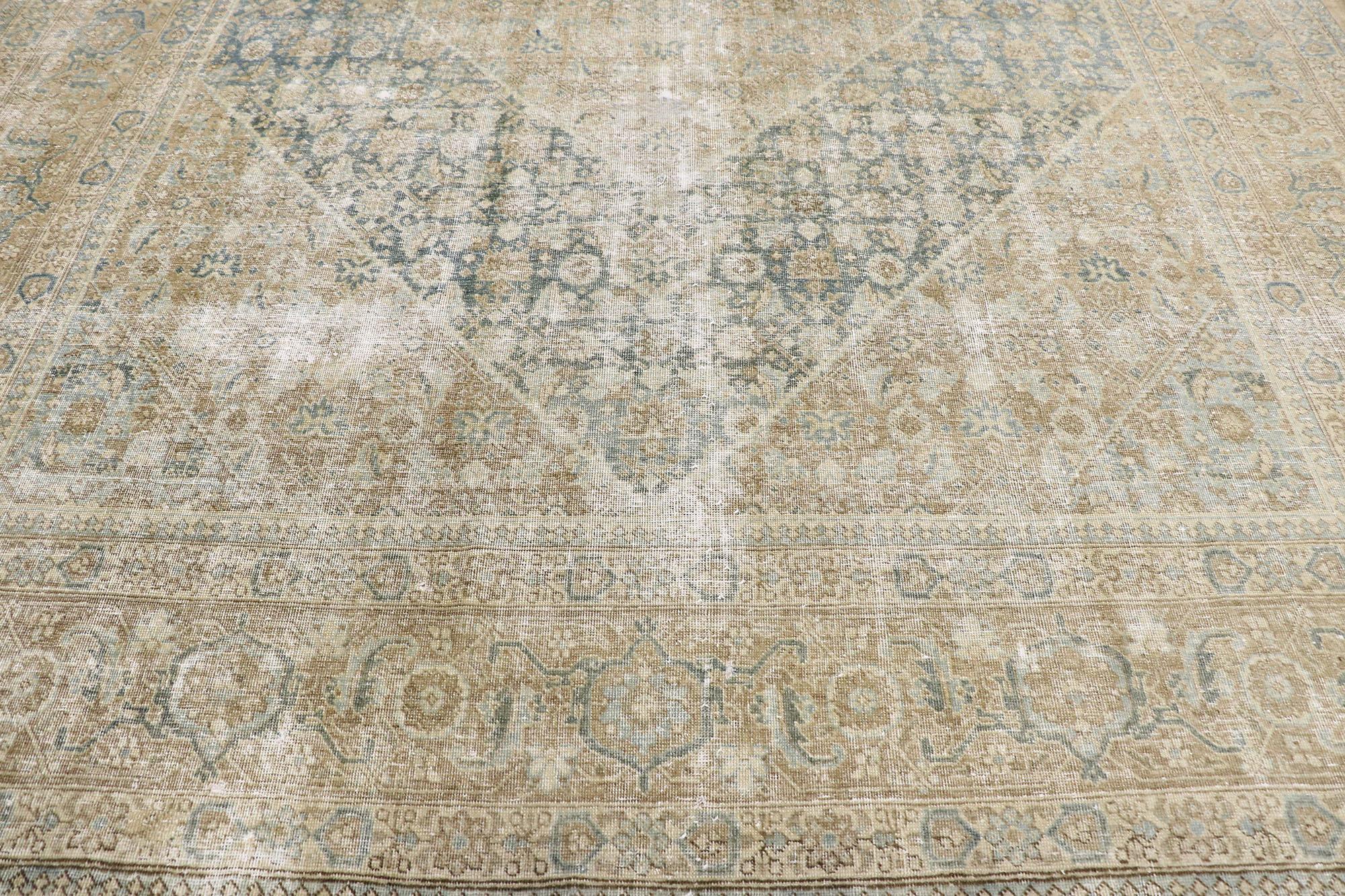 Distressed Antique Persian Mahi Tabriz Rug with Modern Rustic Style In Distressed Condition For Sale In Dallas, TX