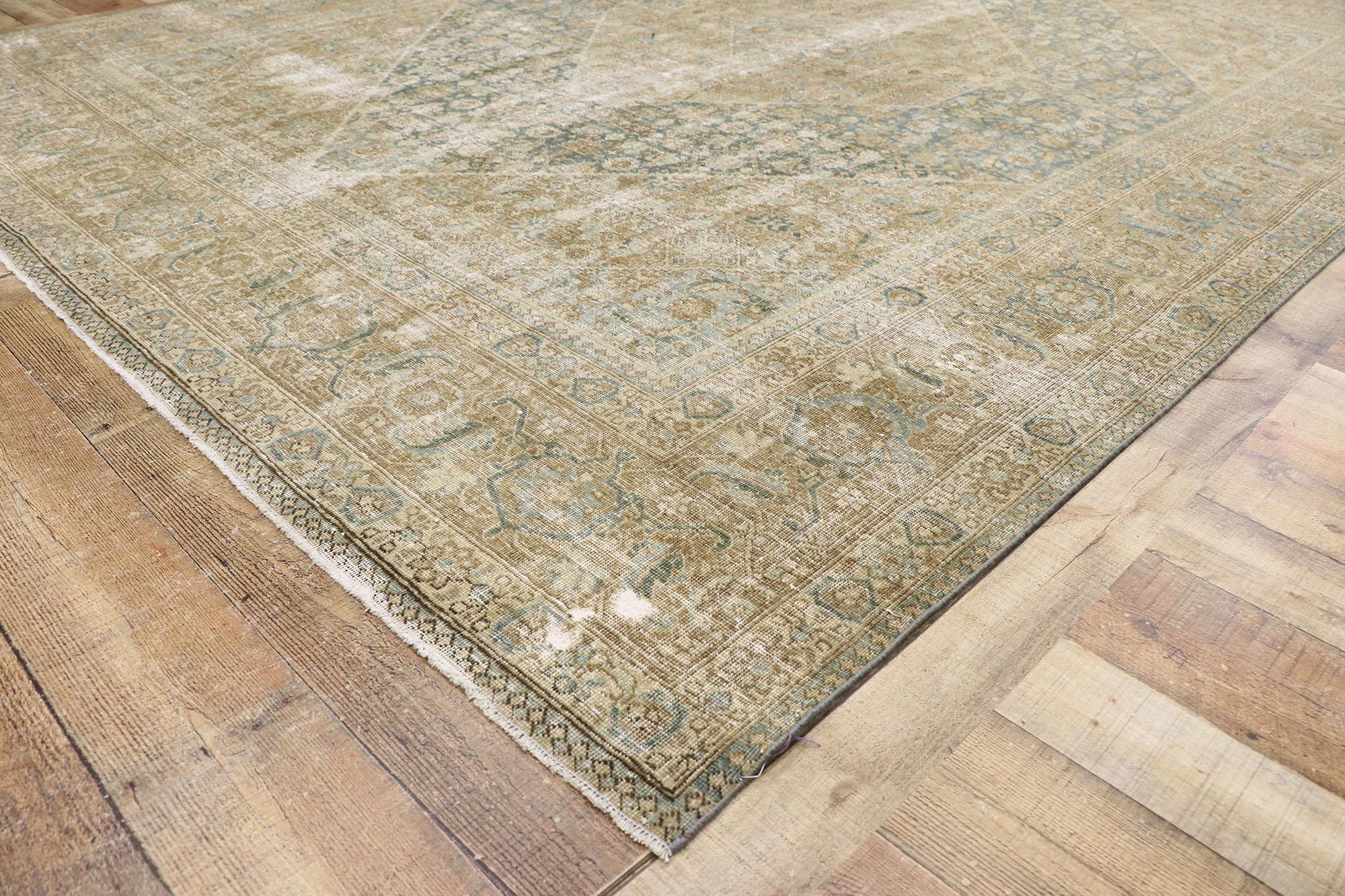 Wool Distressed Antique Persian Mahi Tabriz Rug with Modern Rustic Style For Sale