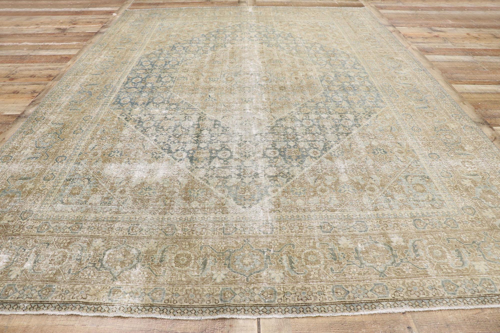 Distressed Antique Persian Mahi Tabriz Rug with Modern Rustic Style For Sale 1
